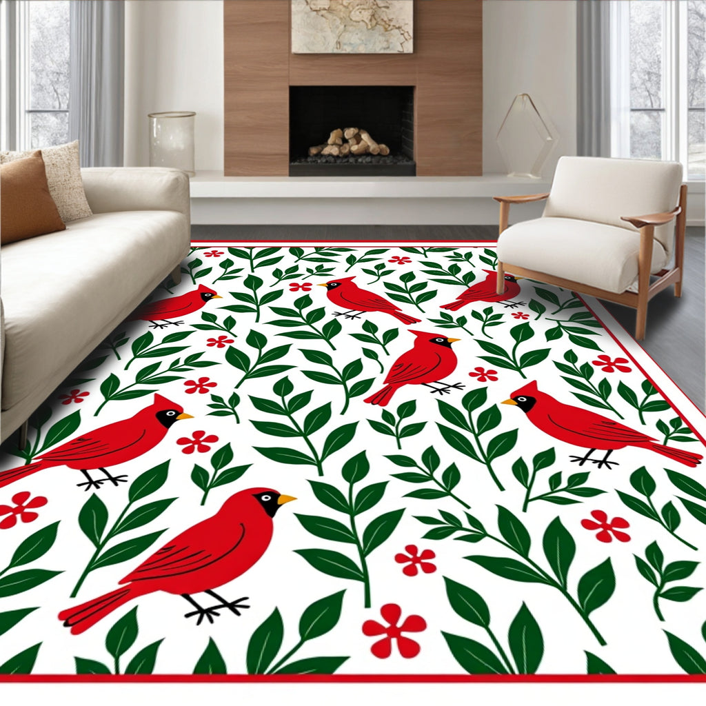 Charming Red Cardinals and Green Foliage Rug