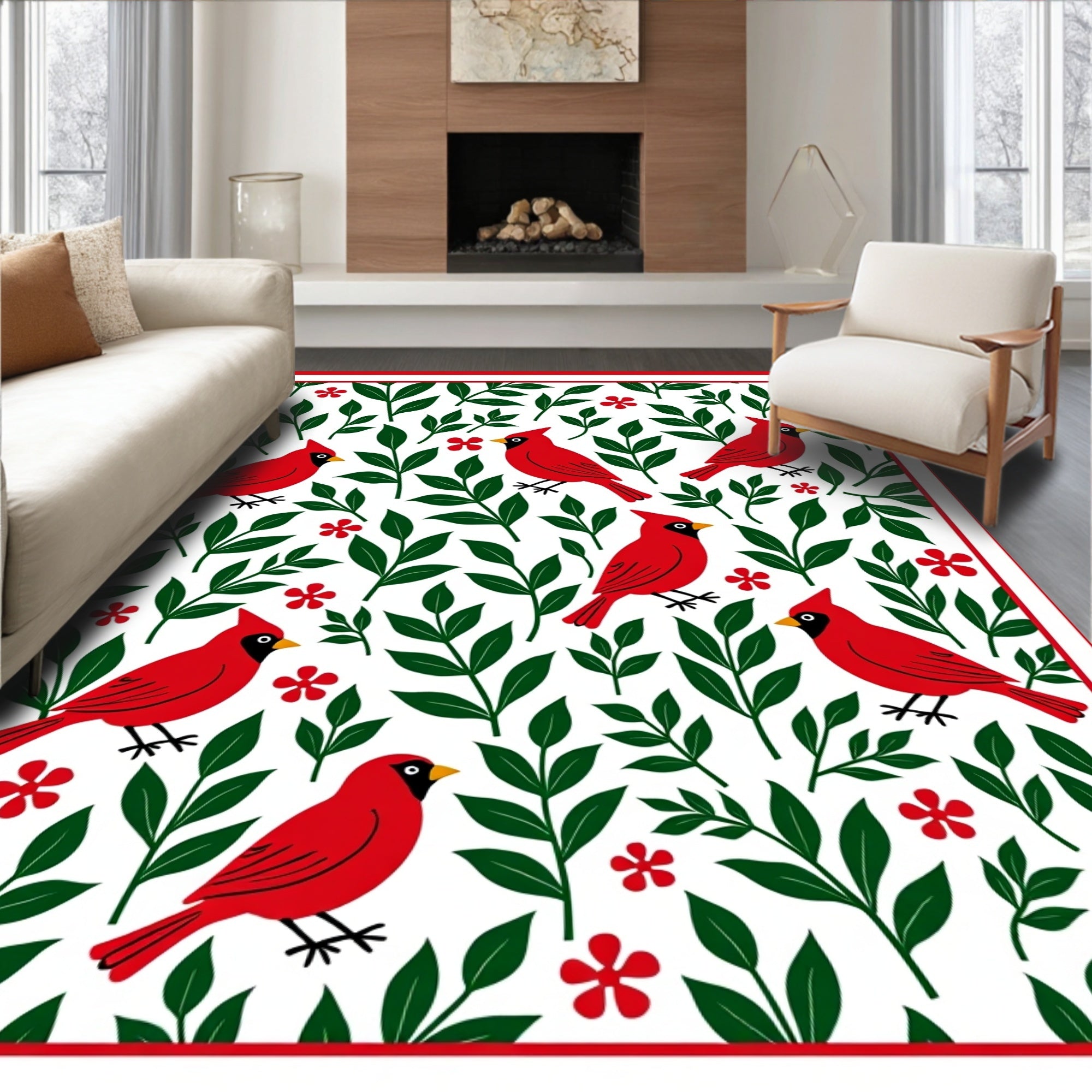 Charming Red Cardinals and Green Foliage Rug