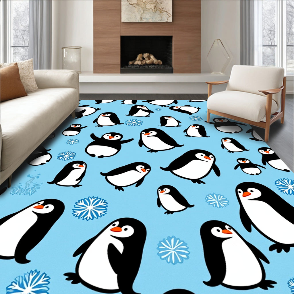 Playful Penguins on Blue Background Rug