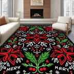 Red Poinsettia Black Holiday Floral Rug
