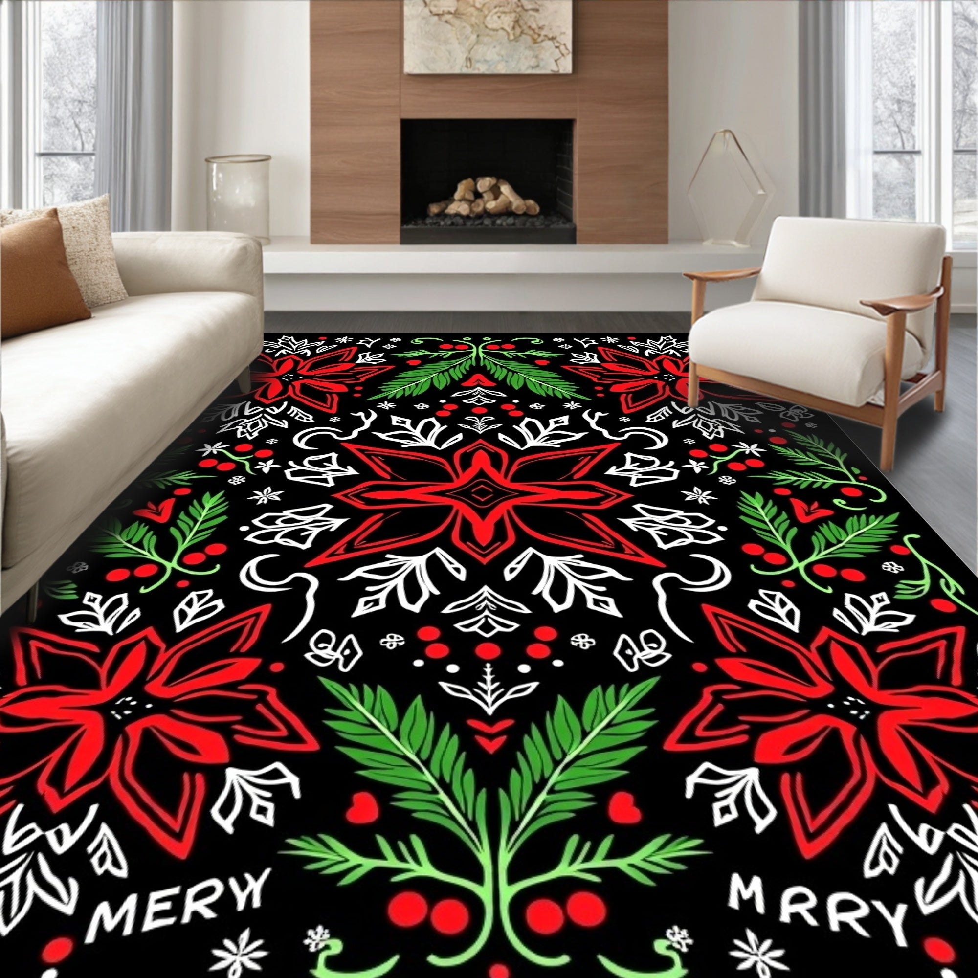 Red Poinsettia Black Holiday Floral Rug