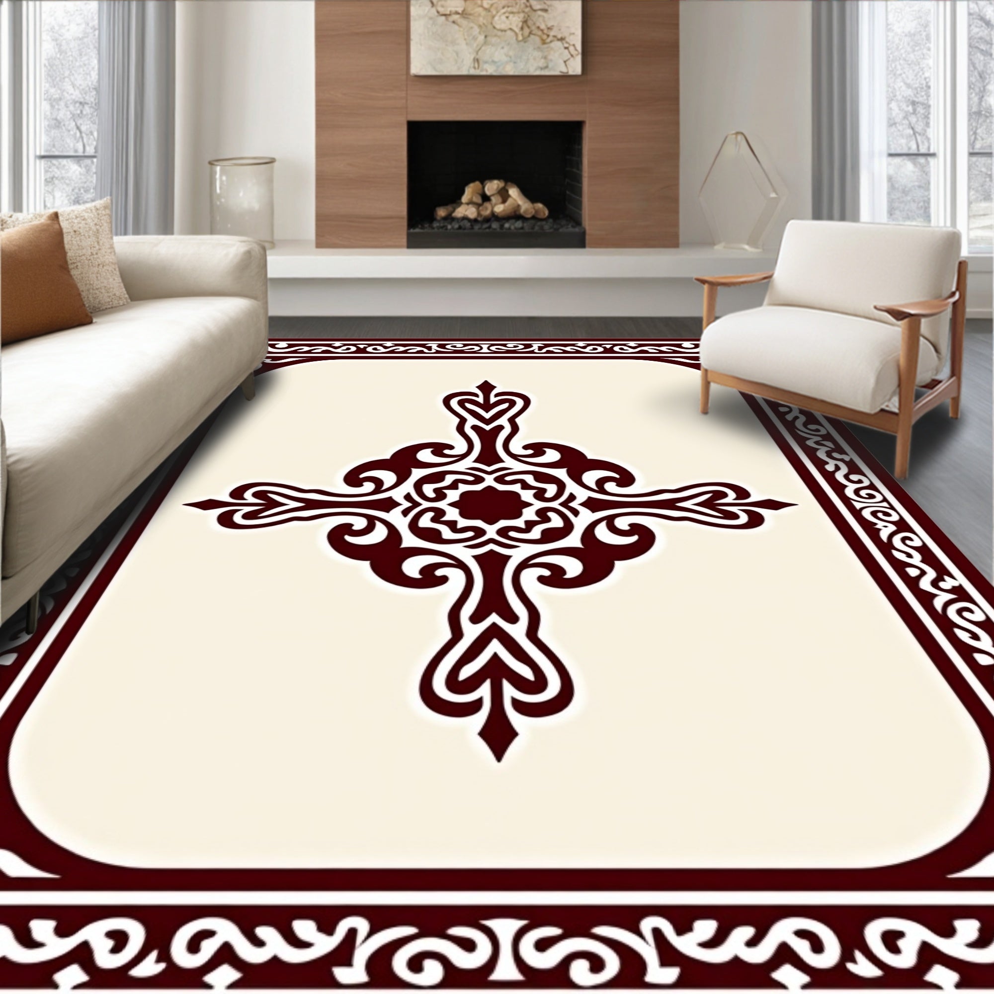 Elegant Crimson Scrollwork Medallion Rug
