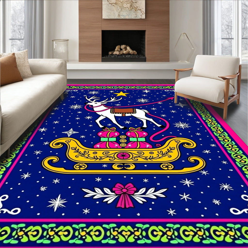 Vibrant Reindeer Sleigh Snowy Night Rug