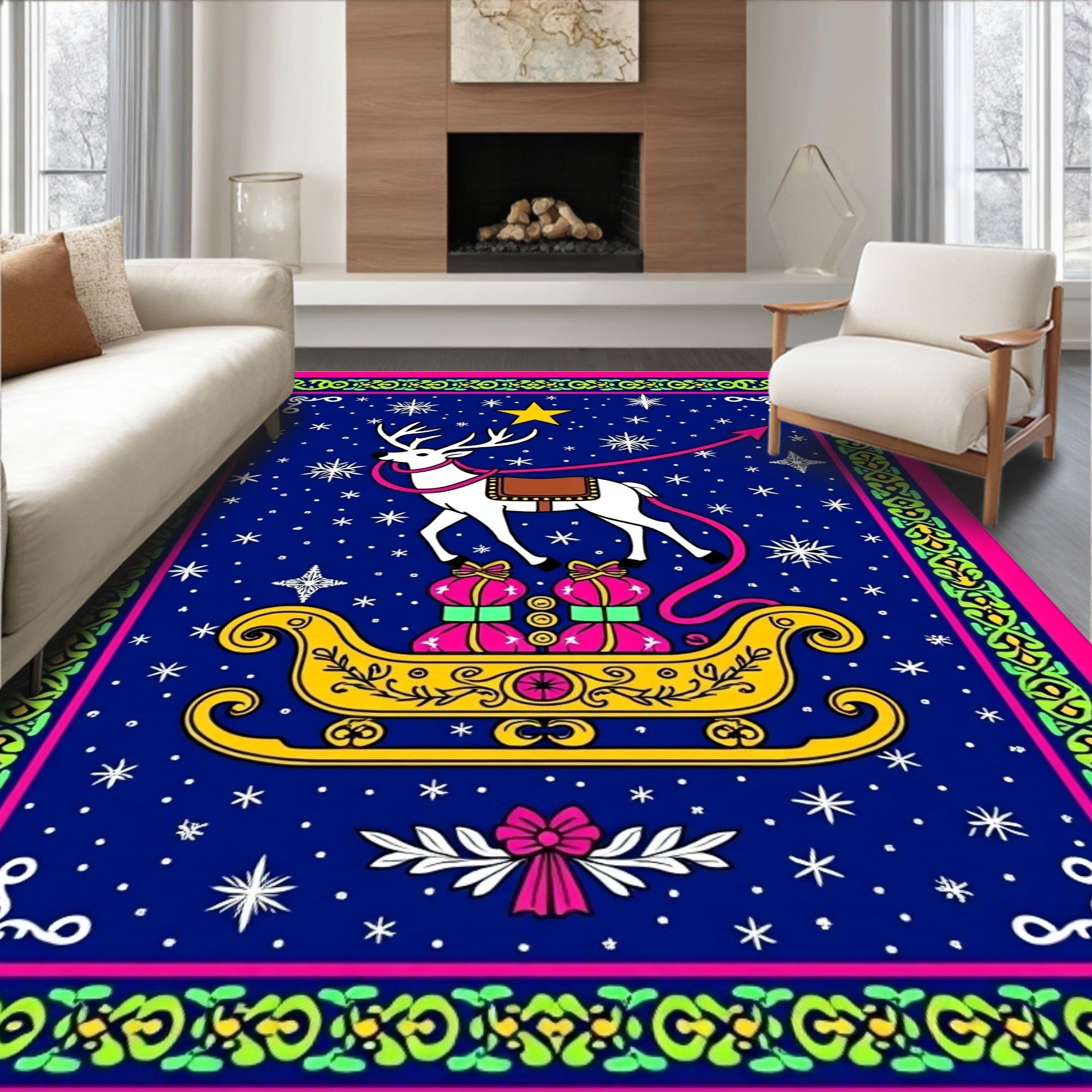 Vibrant Reindeer Sleigh Snowy Night Rug