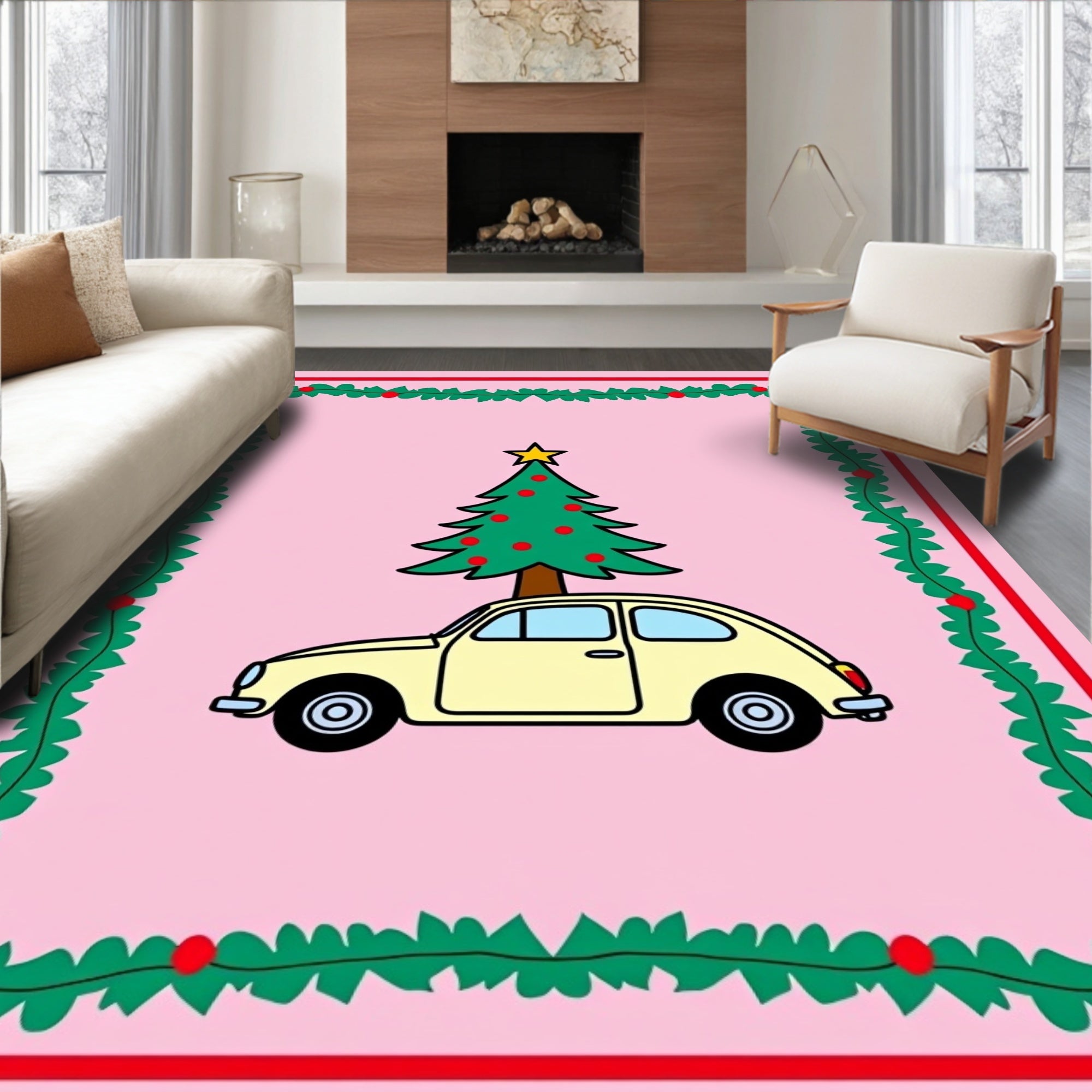 Festive Yellow Car Christmas Tree Border Rug