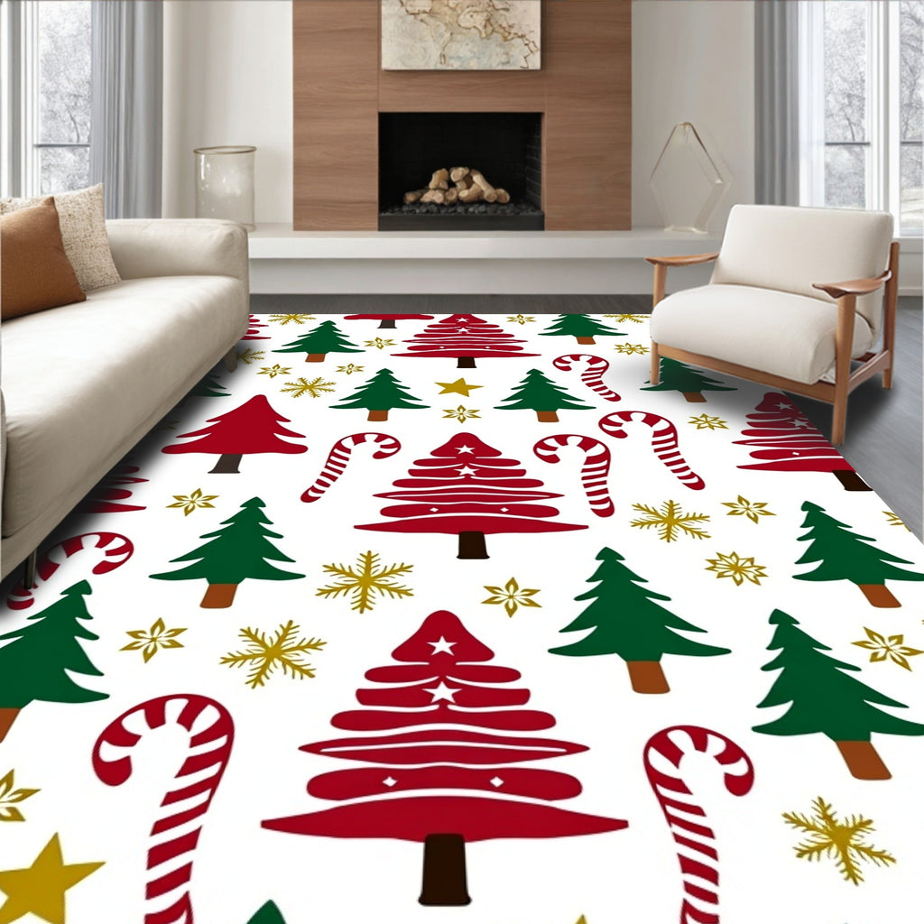 Festive Red Green Tree Candy Cane Snowflakes Rug