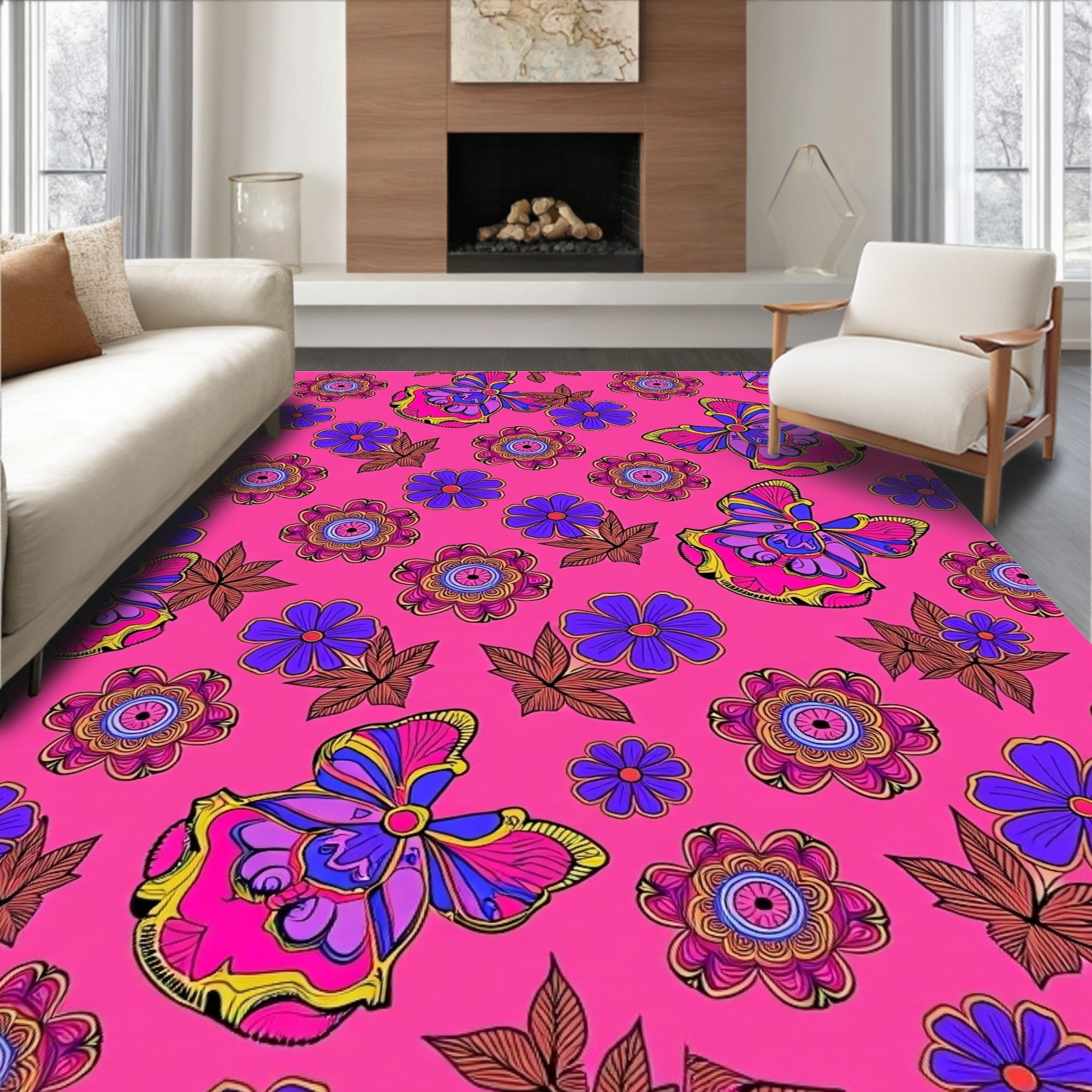 Vibrant Butterfly Floral Medallion Rug