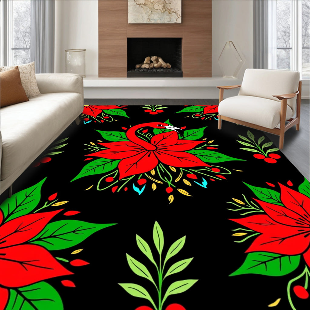 Fanciful Red Flamingo Poinsettia Garland Rug