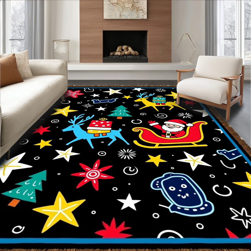 Whimsical Christmas Scene Santa Reindeer Stars Rug