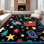 Whimsical Christmas Scene Santa Reindeer Stars Rug