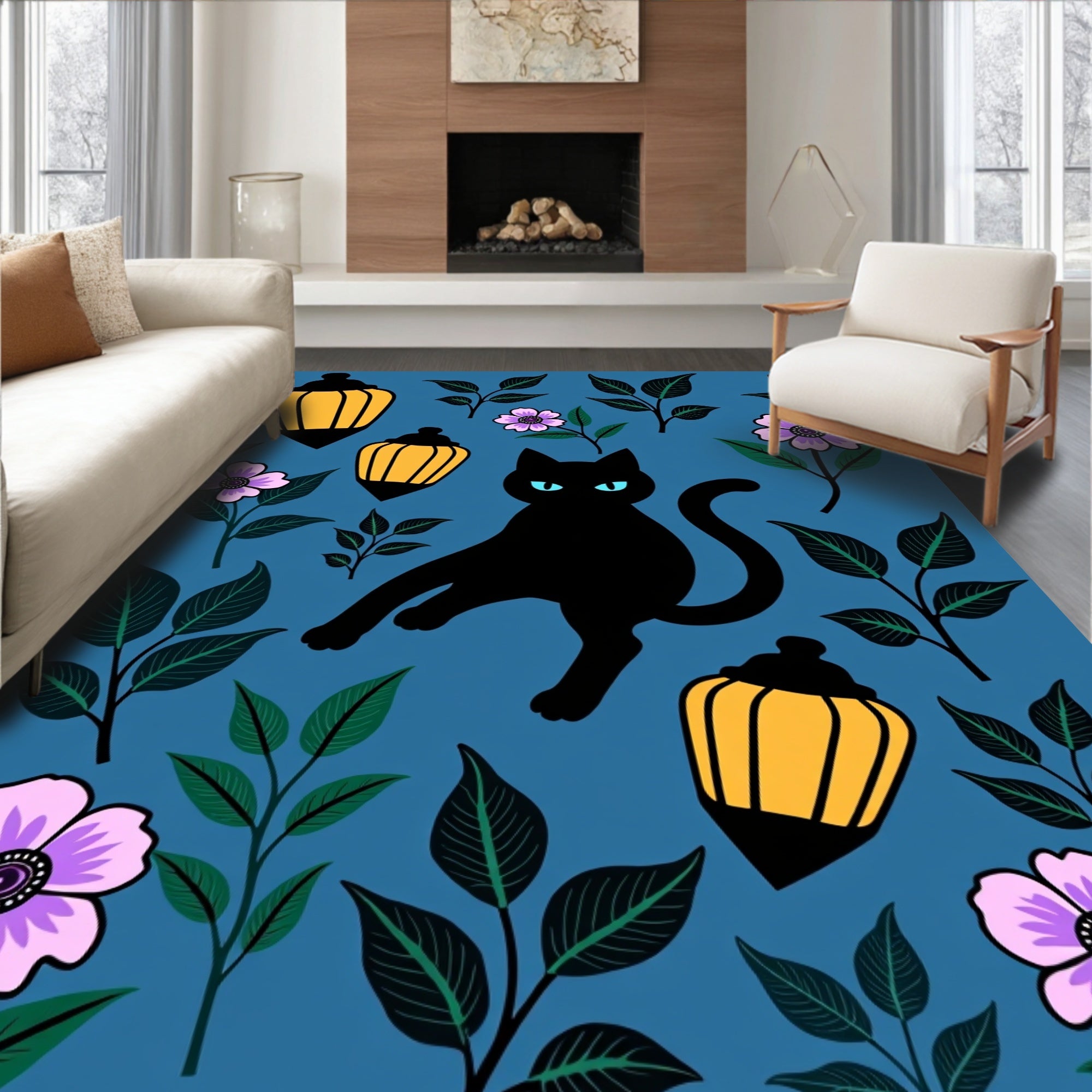 Midnight Black Cat Floral Lantern Bloom Rug
