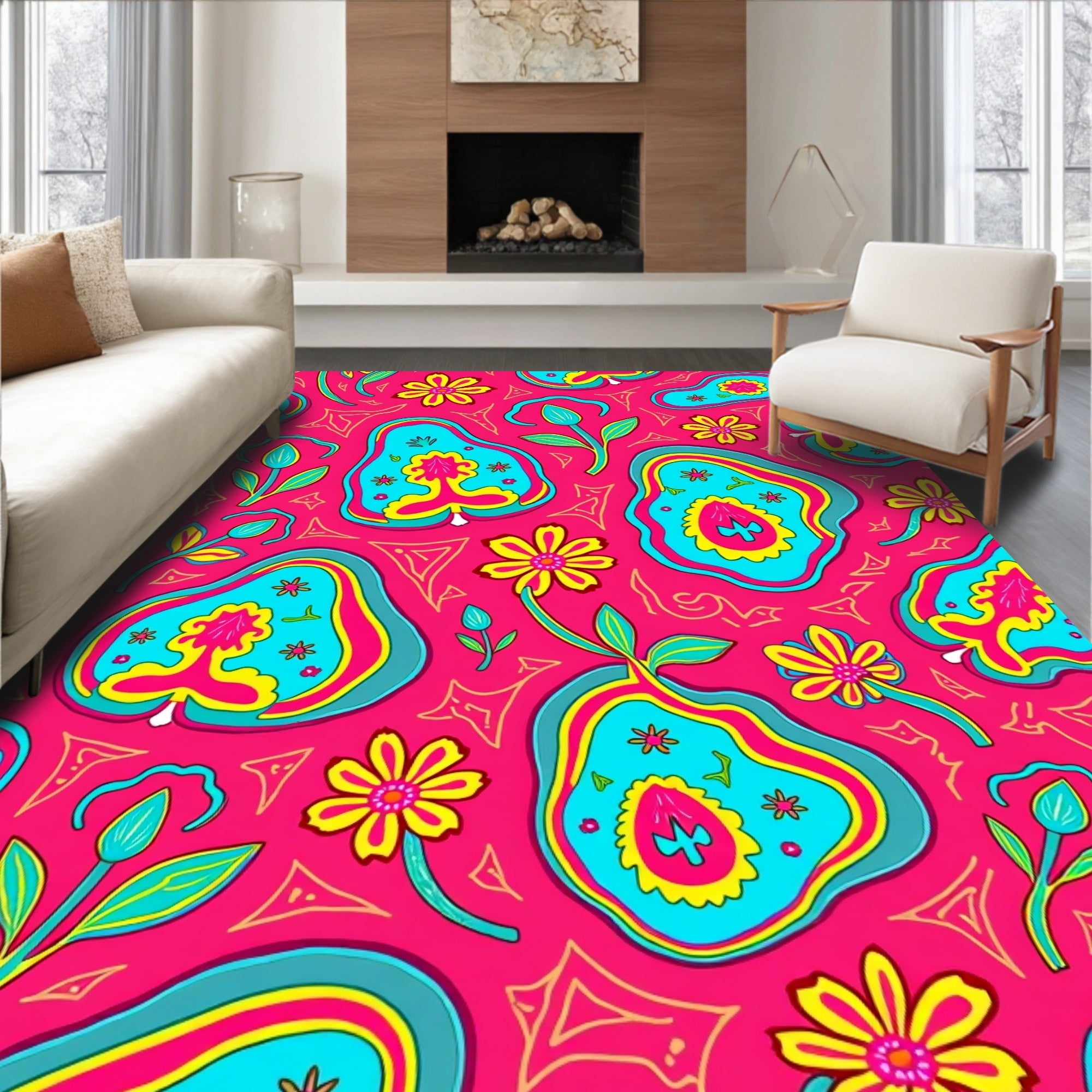 Vibrant Pink Turquoise Floral Pear Rug