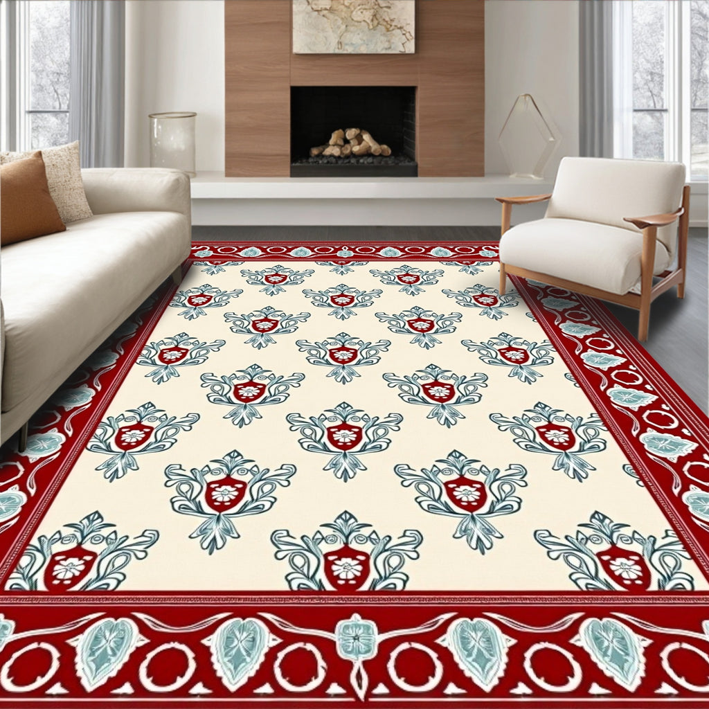 Crimson Ivory Floral Crest Rug