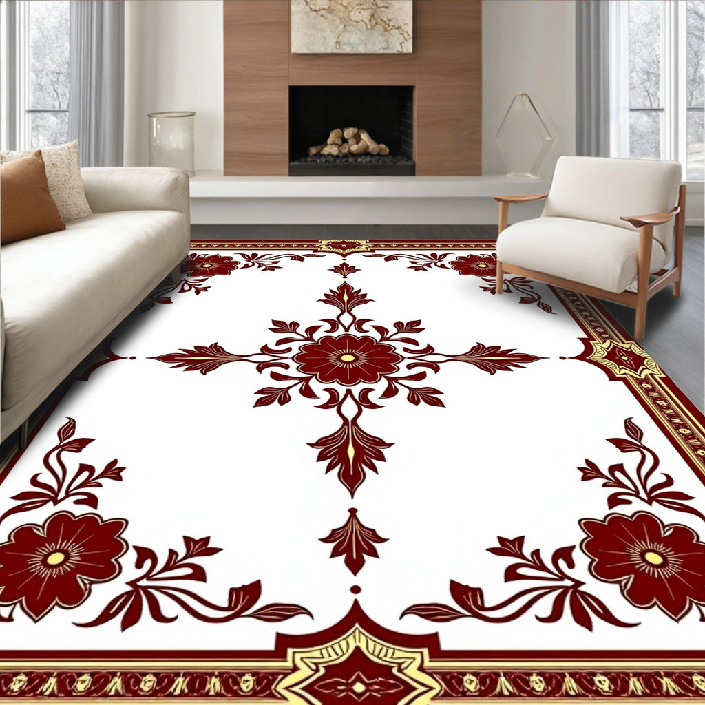 Crimson Blossom Corner Scrollery Border Rug