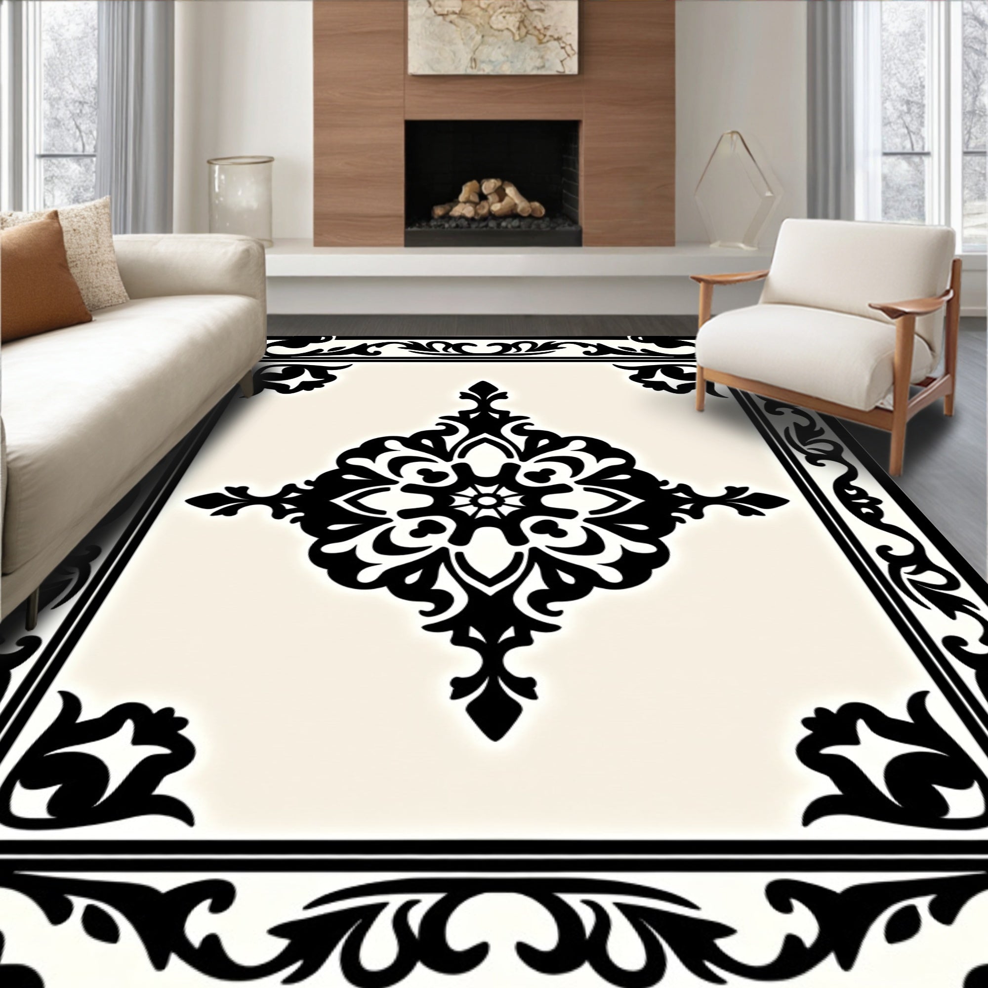 Classic Black Ivory Medallion Border Rug