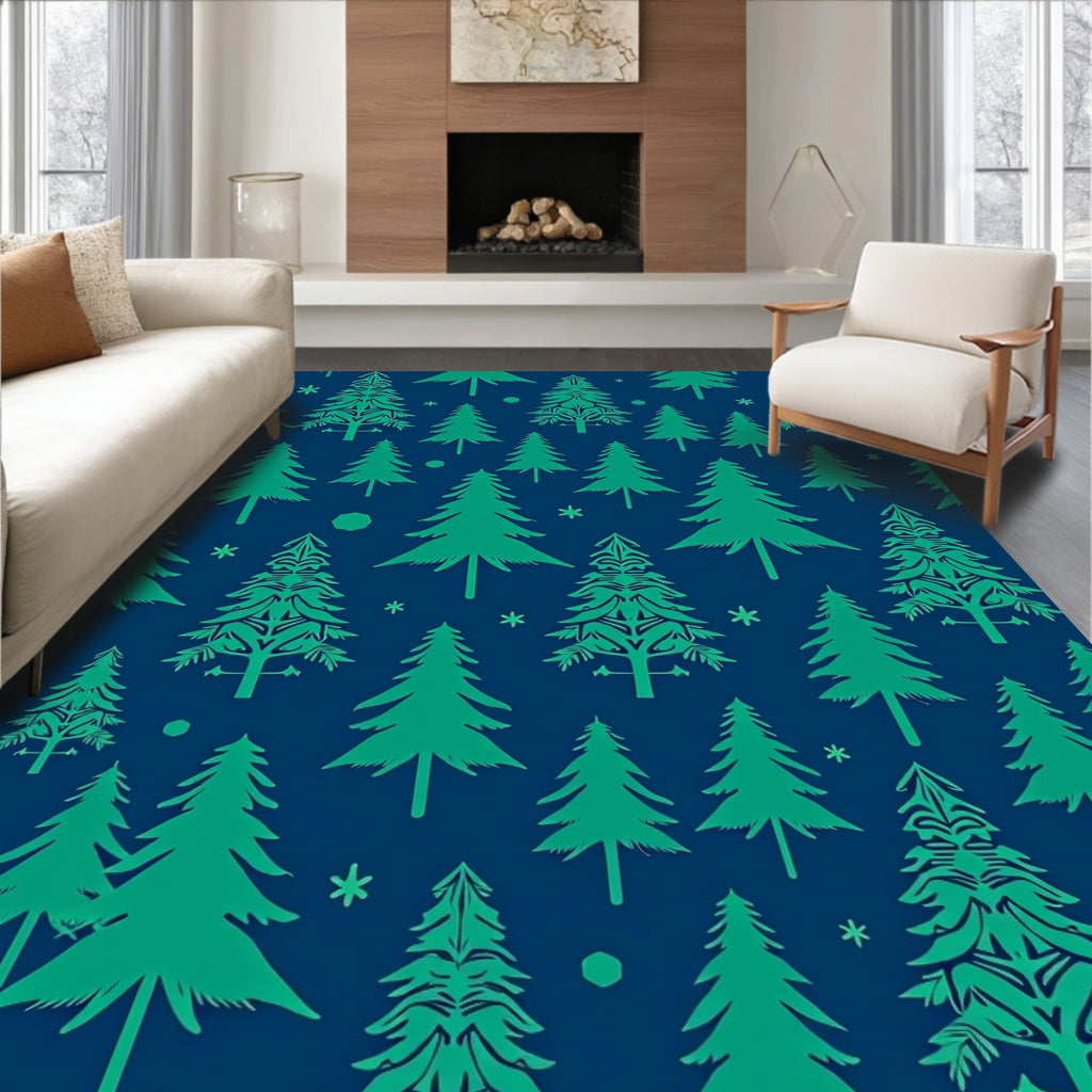Dark Blue Forest Tree Arrangement Rug