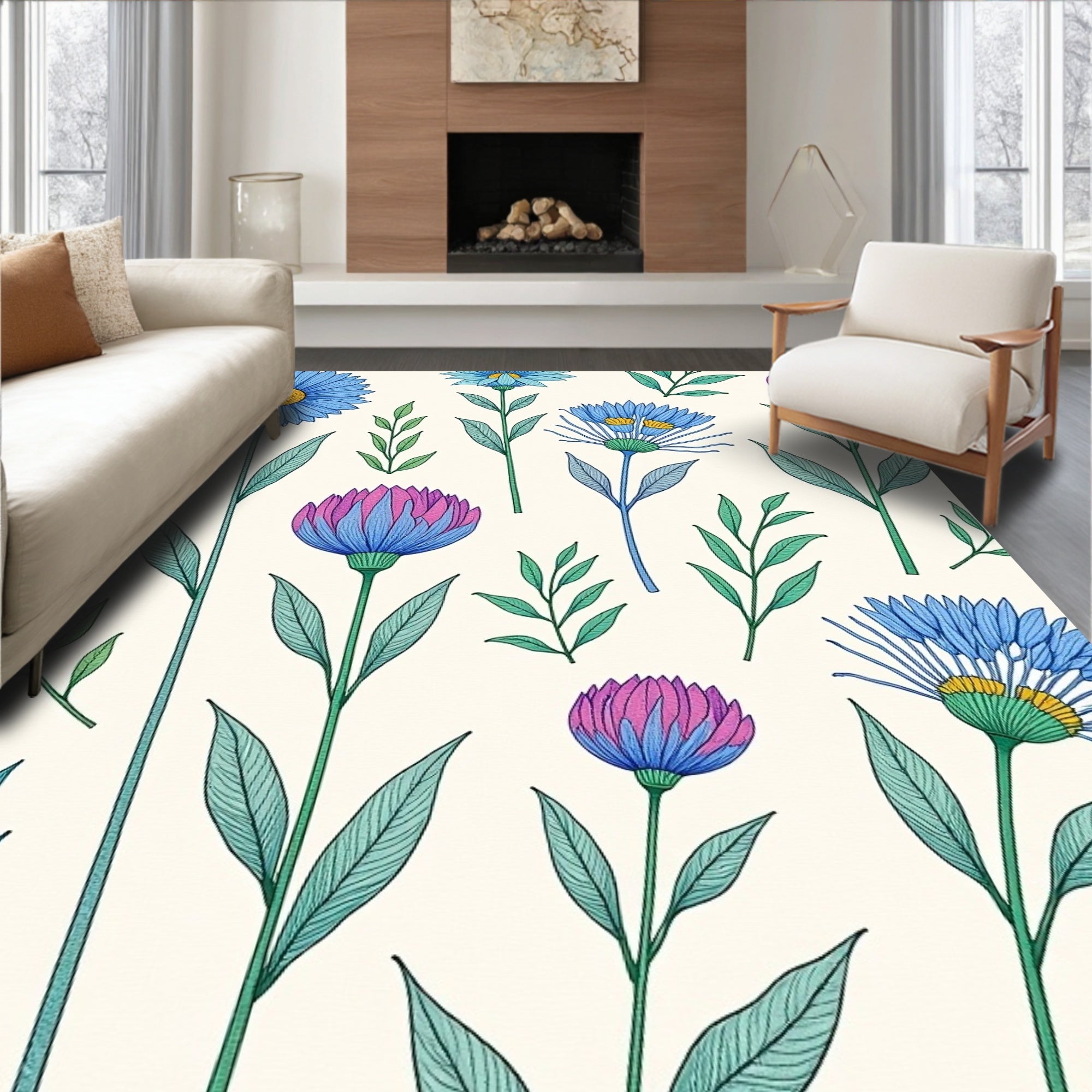 Whimsical Blue Magenta Floral Garden Rug