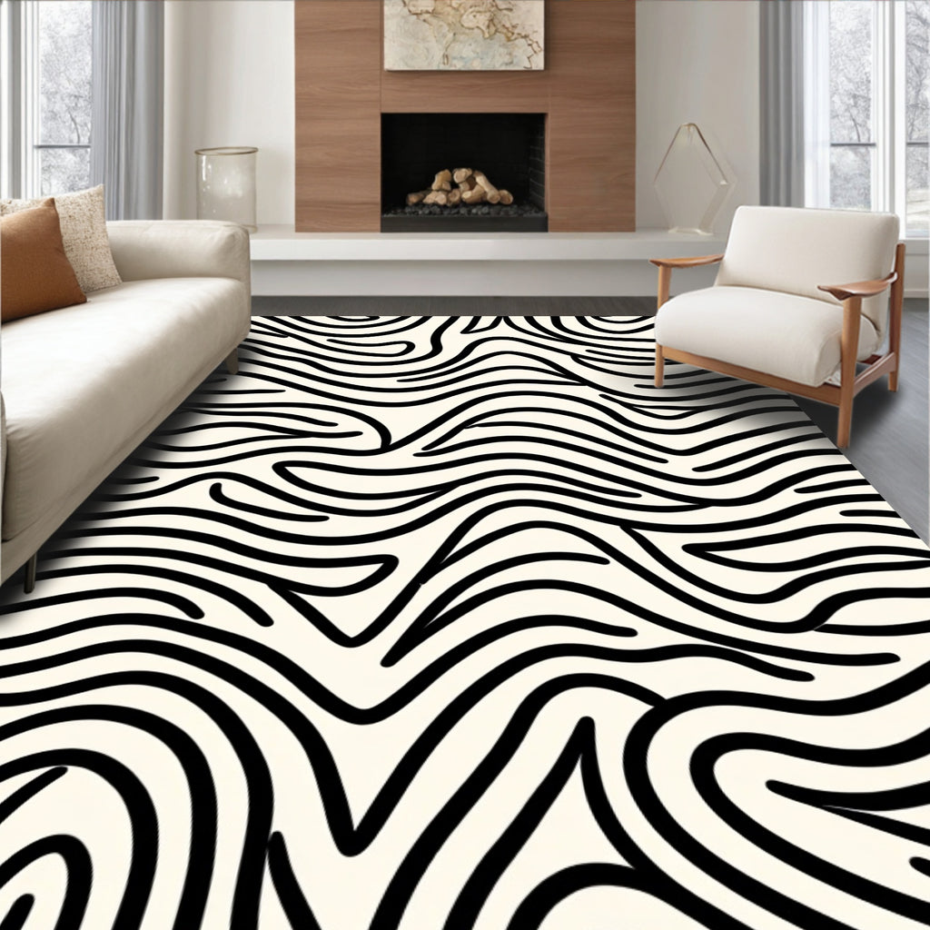 Organic Black Stripe Cream Abstract Rug
