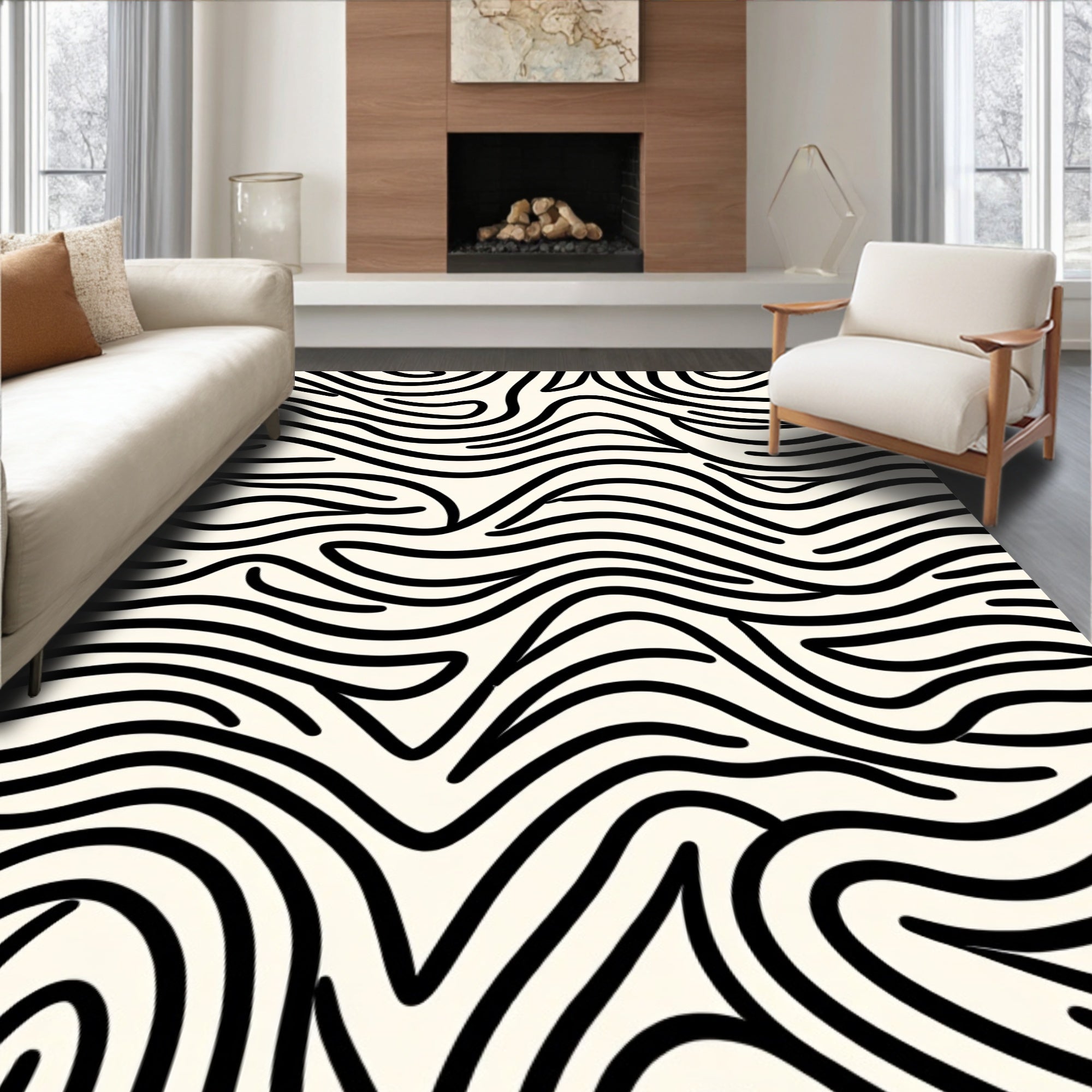 Organic Black Stripe Cream Abstract Rug