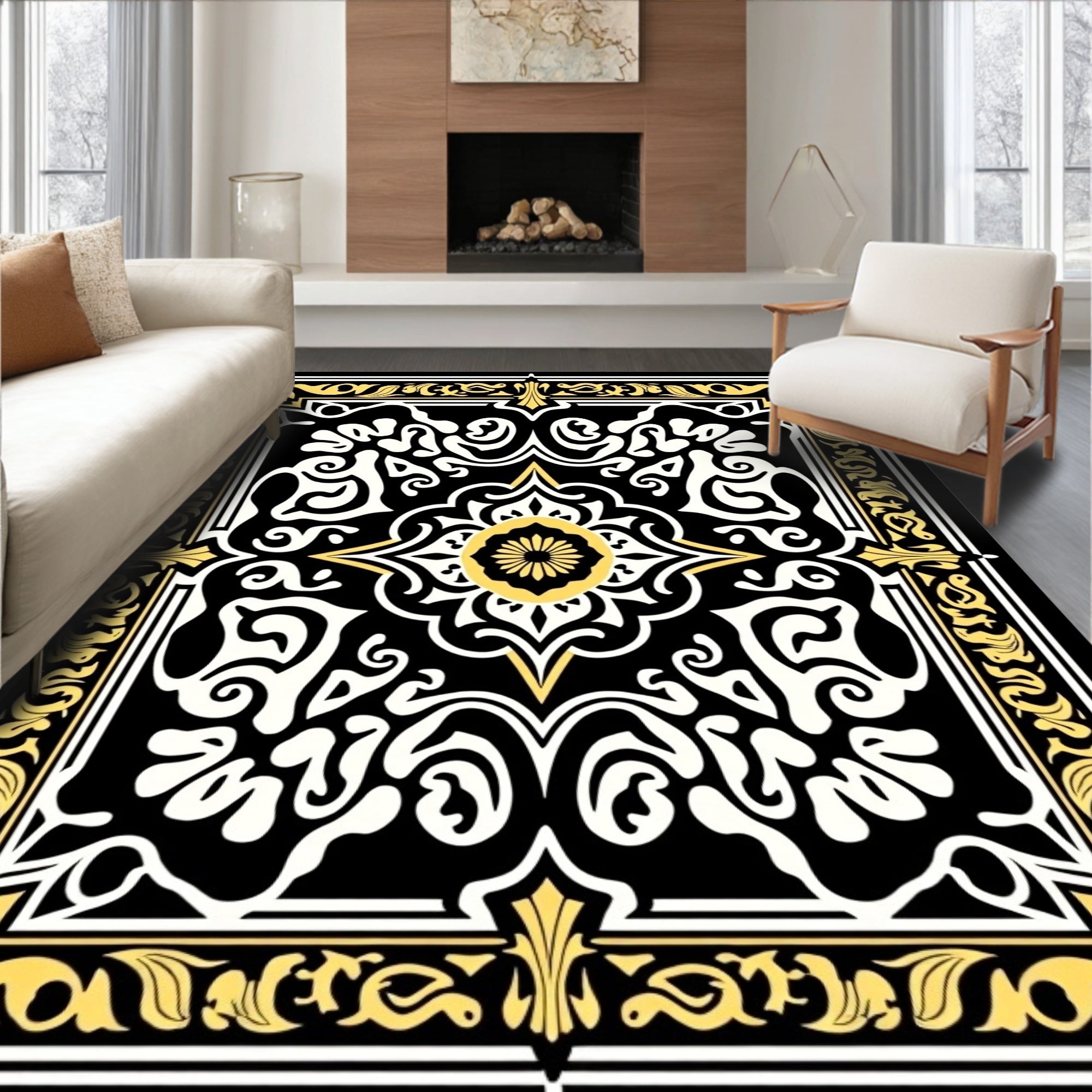 Black Gold Floral Medallion Rug