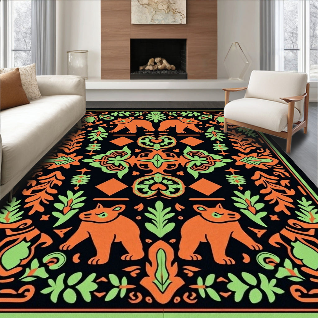 Orange Bears Black Folk Art Rug