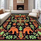 Orange Bears Black Folk Art Rug