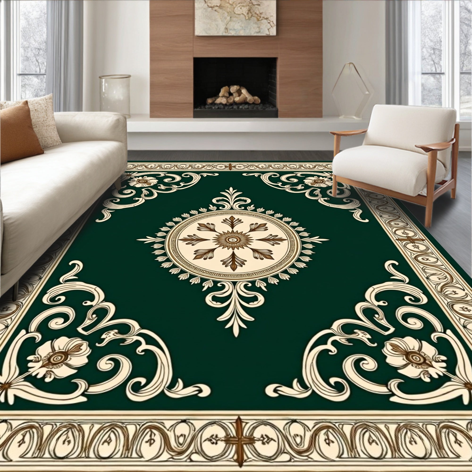 Rich Emerald Green Floral Scroll Rug