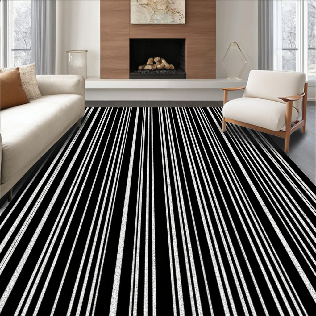 Neutral Black White Stripe Texture Rug