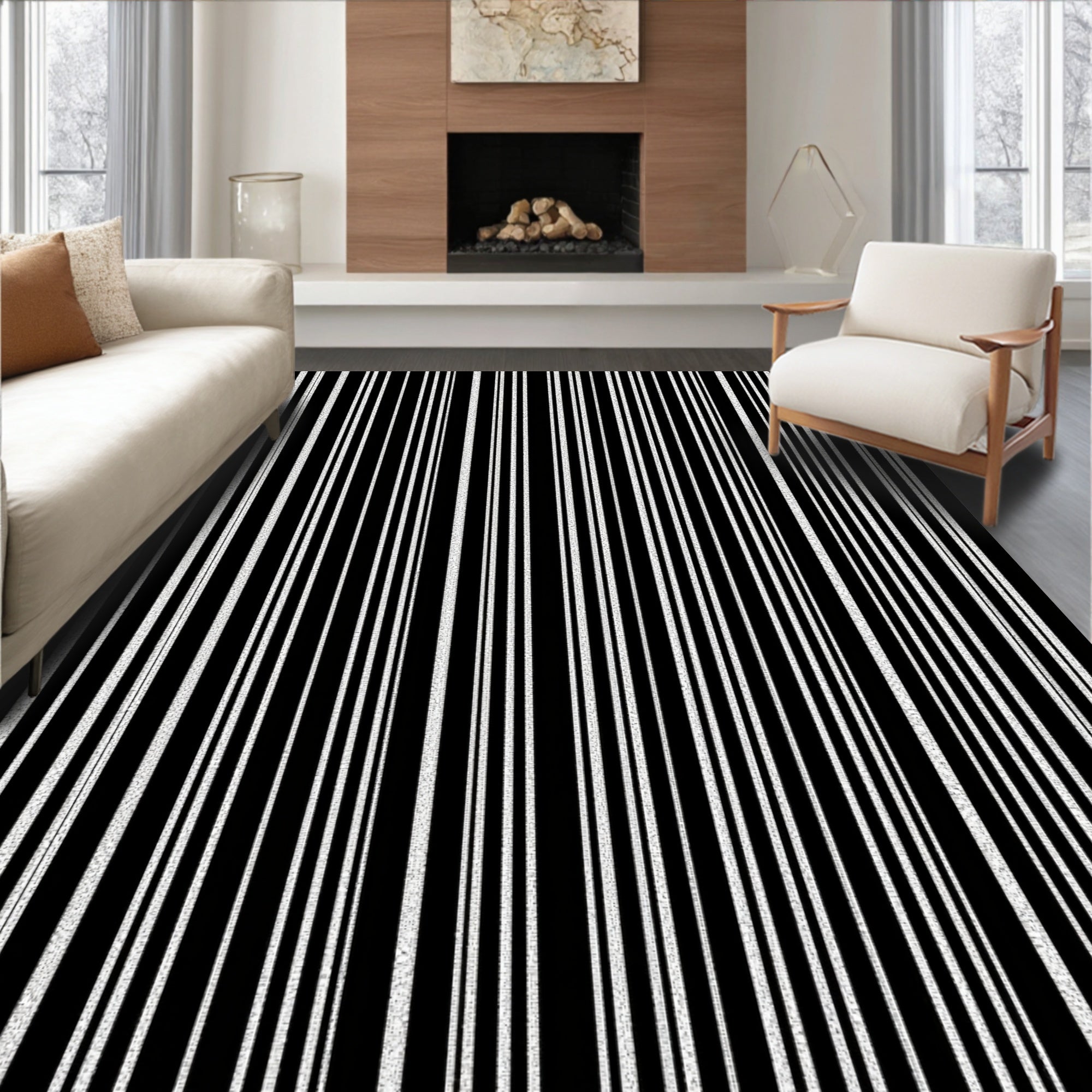 Neutral Black White Stripe Texture Rug