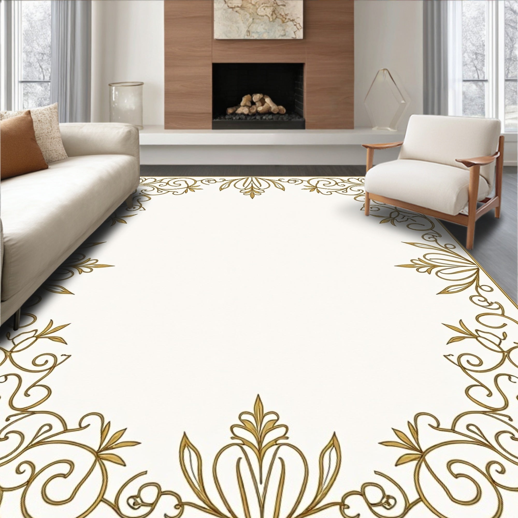 Ornate Gold Scrollwork Border Rug