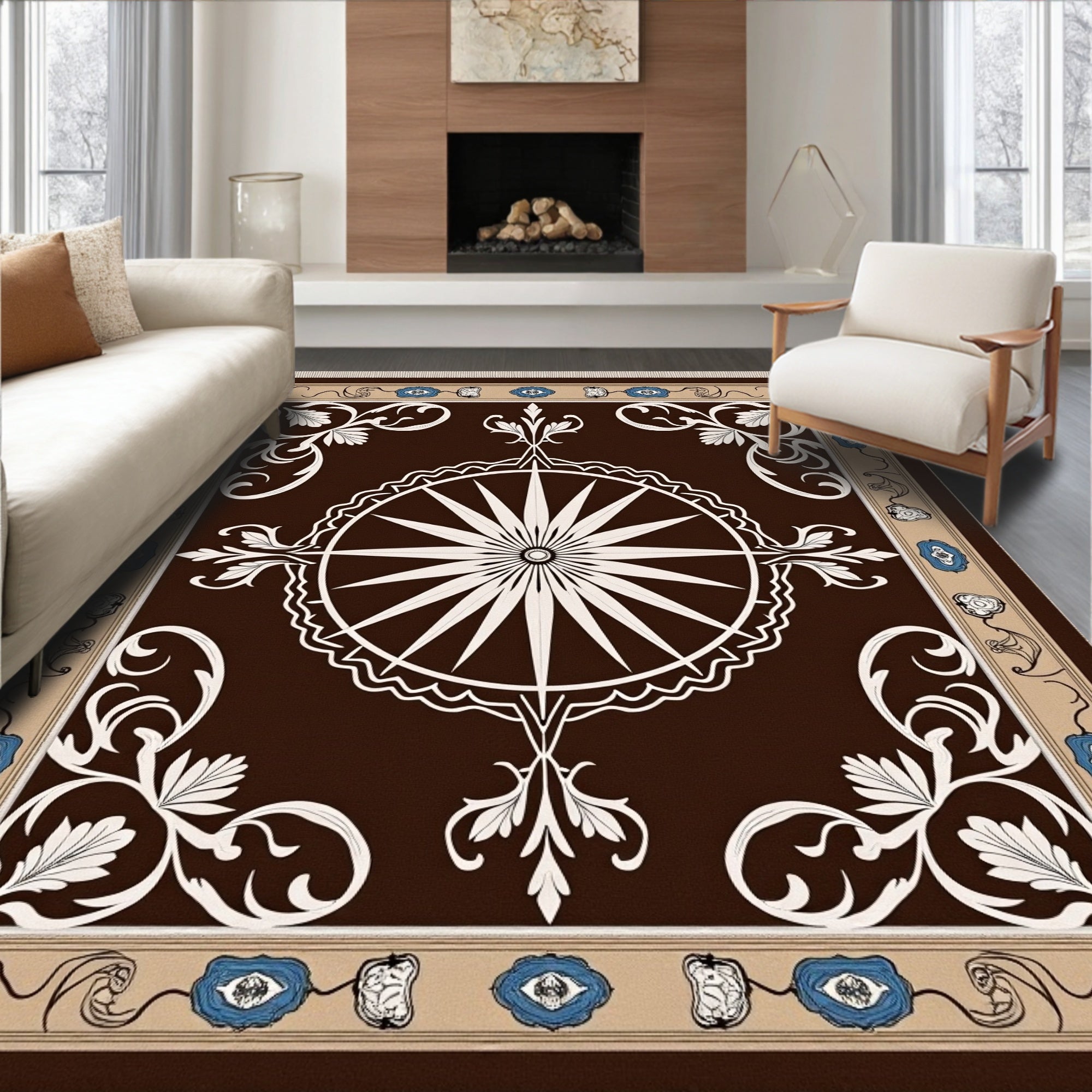 Brown Cream White Blue Floral Starburst Rug