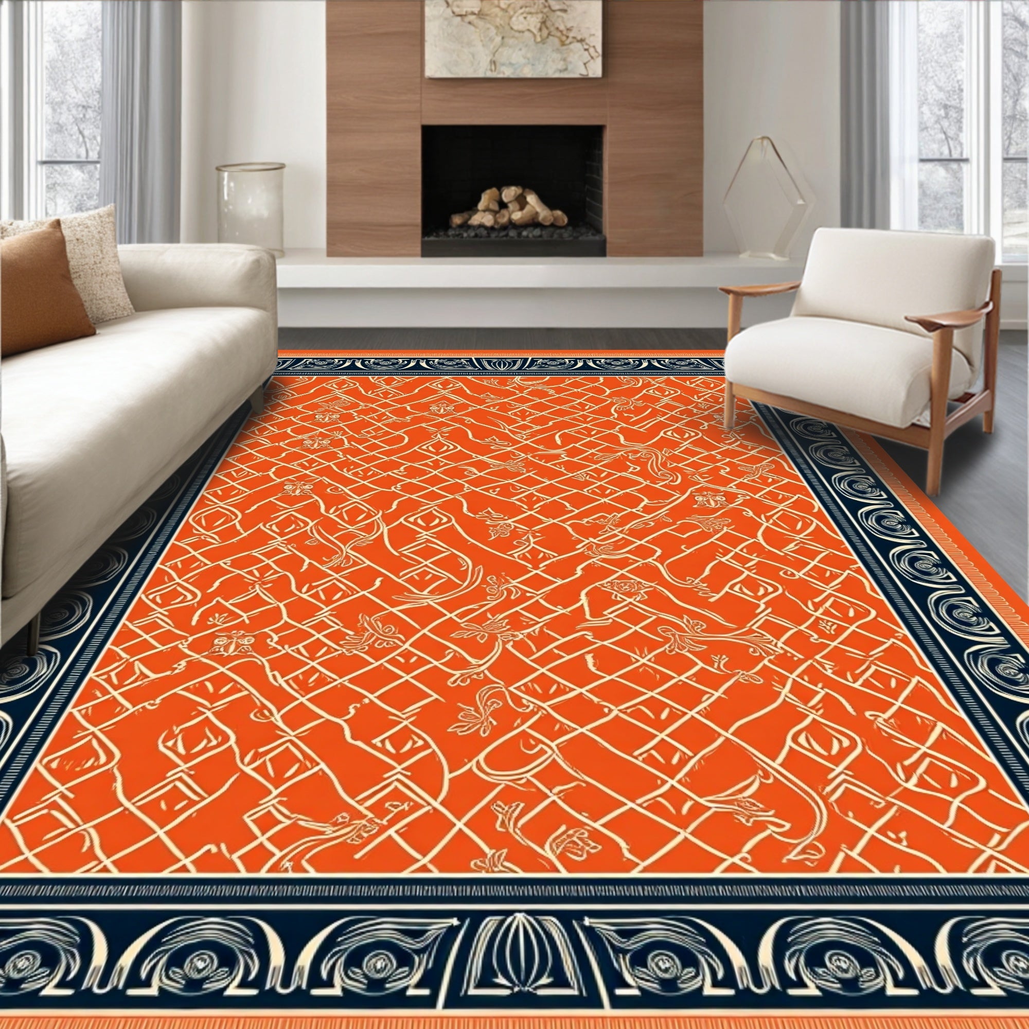 Vibrant Orange Lattice Floral Border Rug