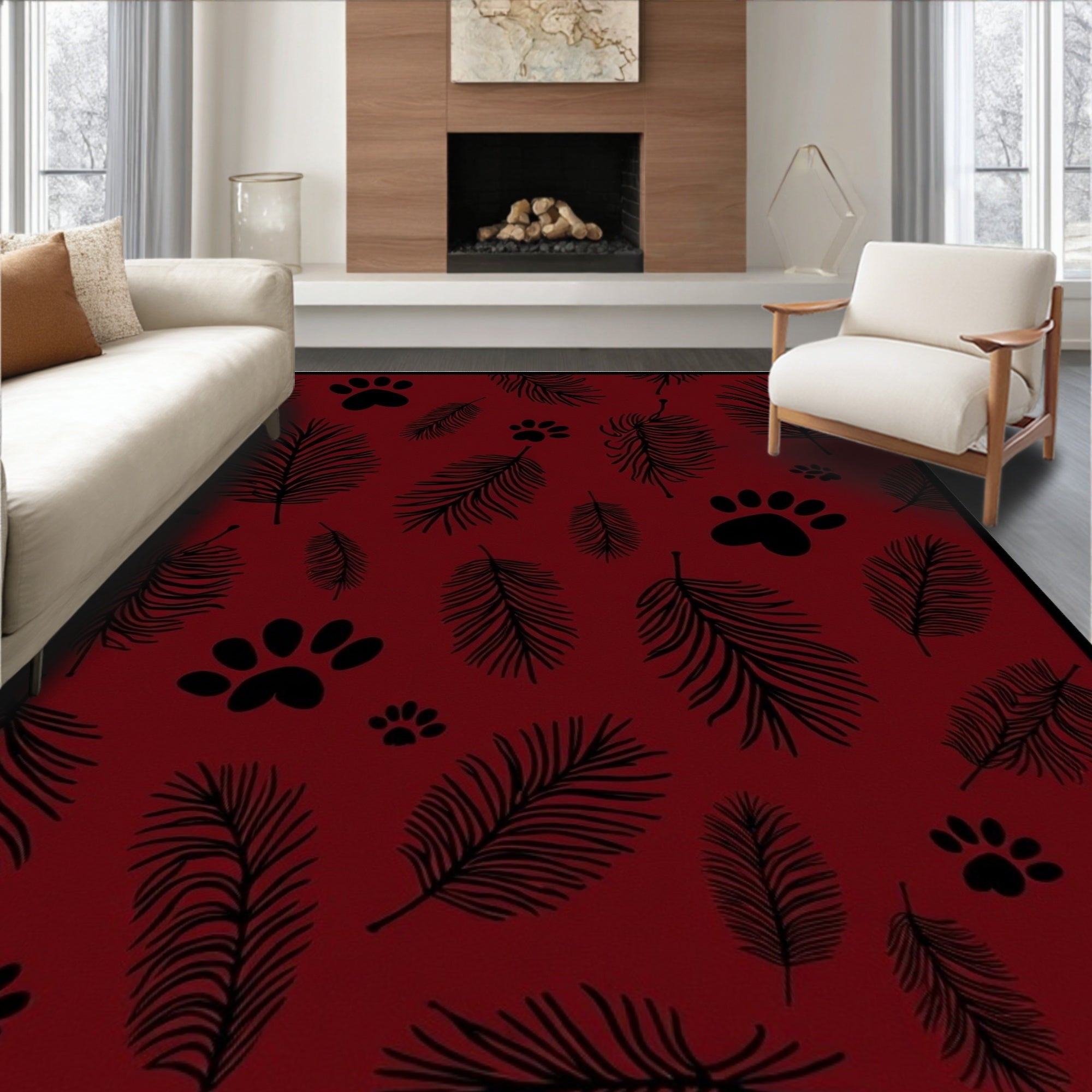 Deep Red Palm Leaf Paw Print Repeat Rug