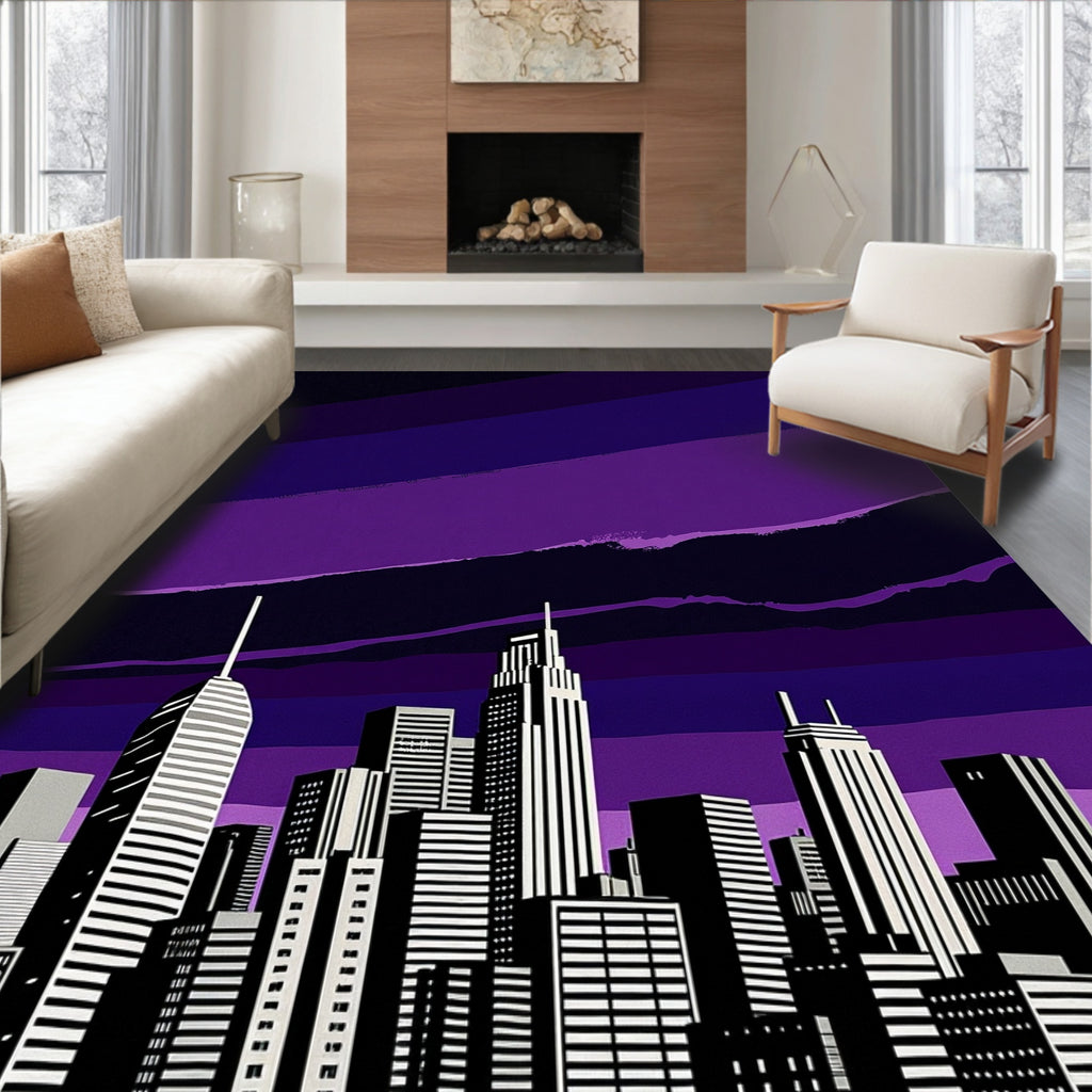 Deep Violet Cityscape Skyline Rug