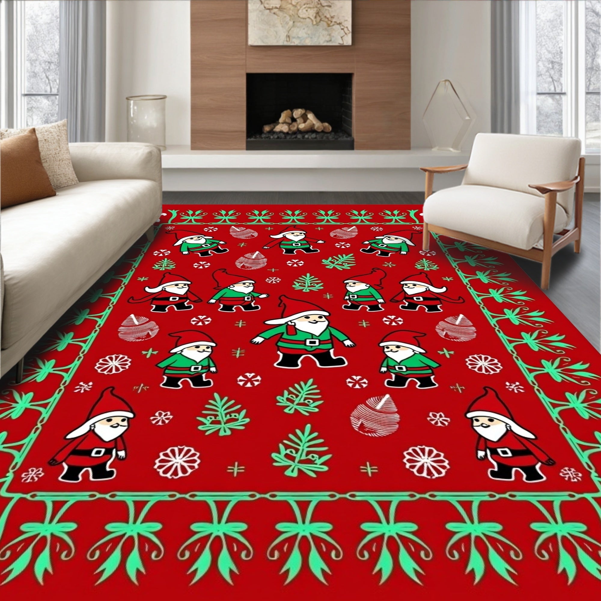 Festive Red Gnome Christmas Border Rug