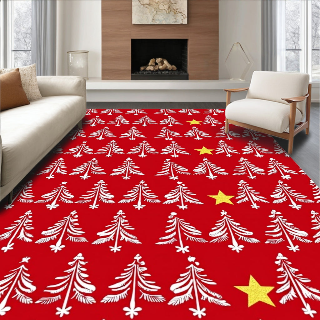 Red White Christmas Trees Yellow Stars Rug