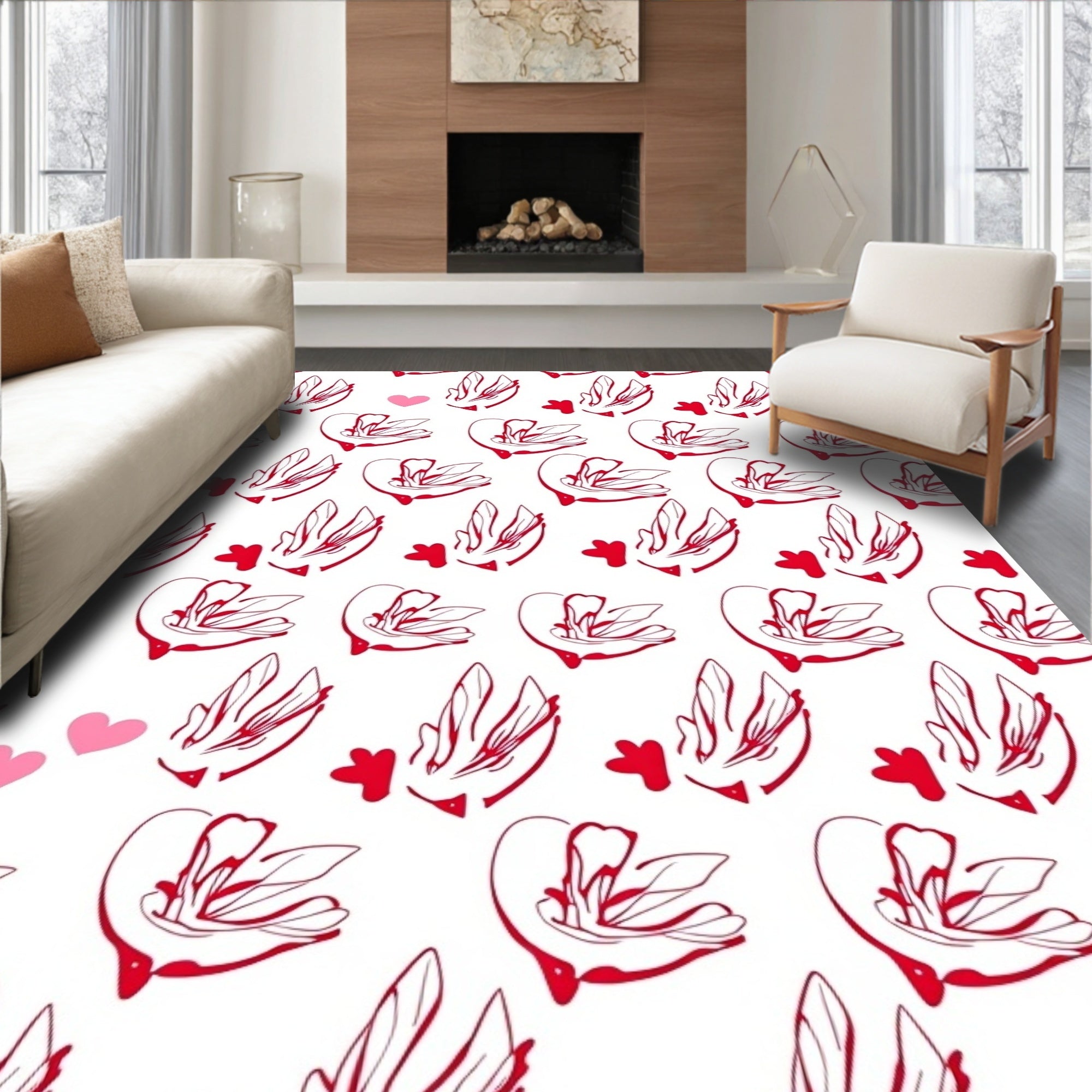 Red Blooming Cherry Blossom Hearts Rug
