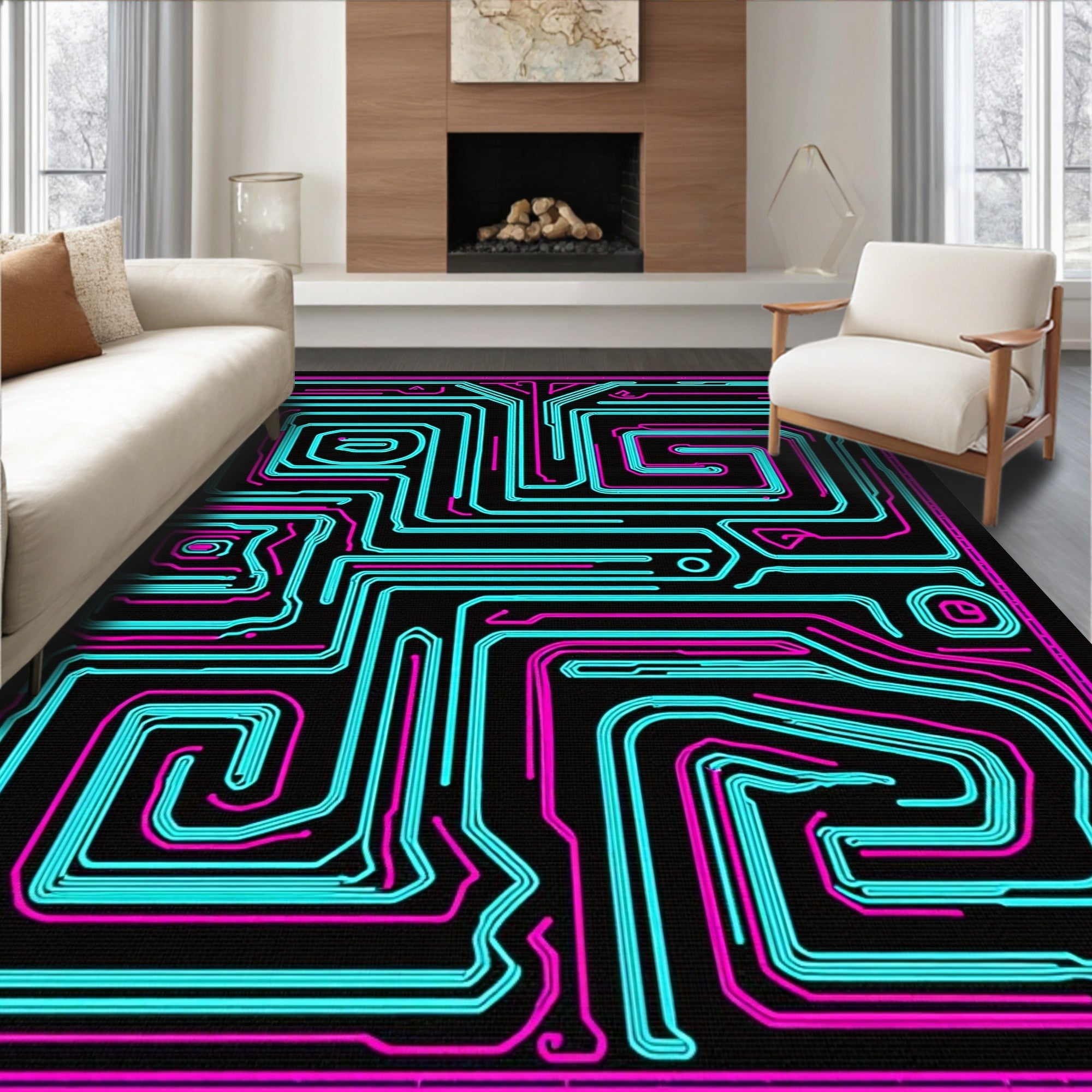 Neon Circuit Board Maze Rug