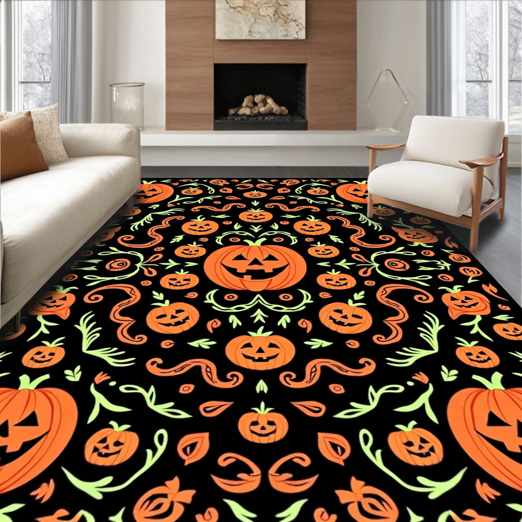Orange Pumpkin Black Halloween Vines Rug