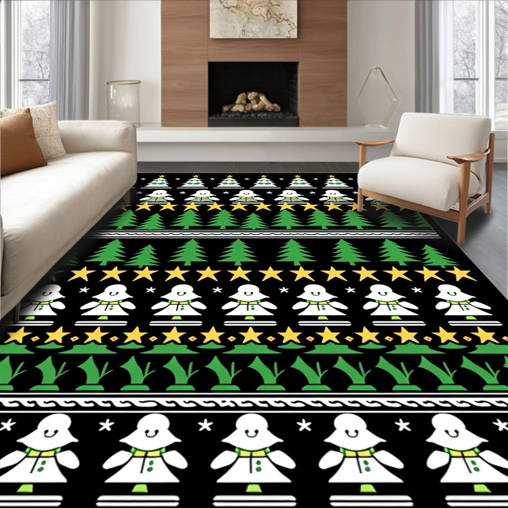 Festive Green Christmas Trees Stars Rug