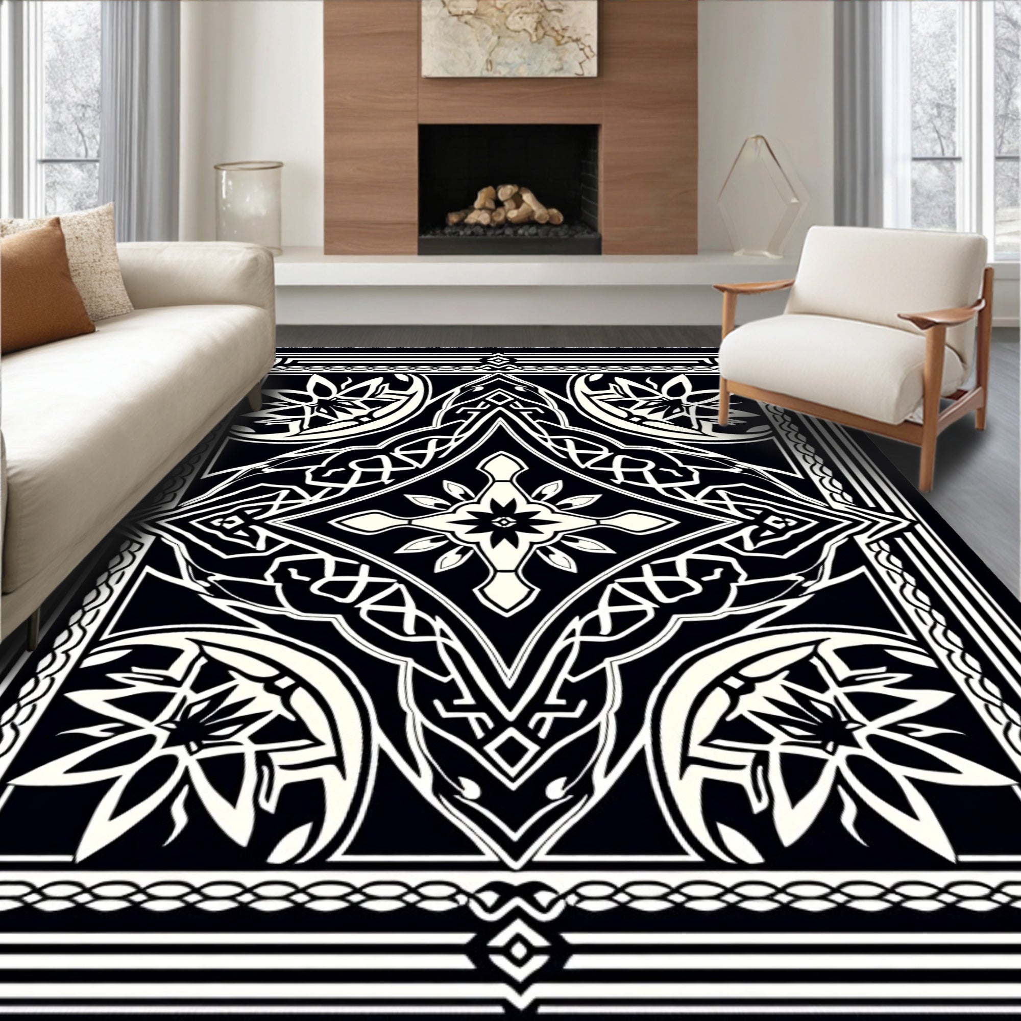Black White Intricate Floral Diamond Rug