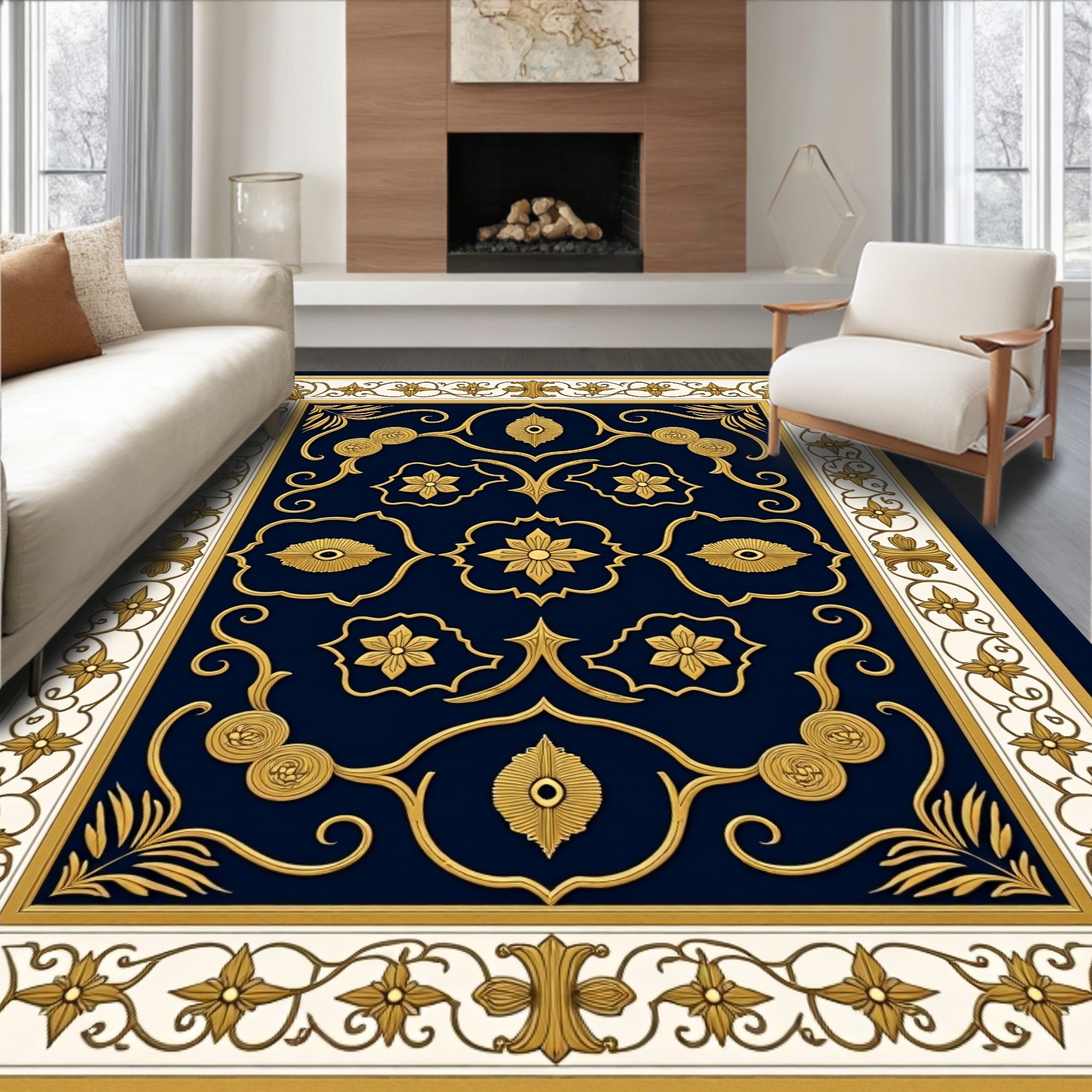 Ornate Navy Gold Floral Scroll Rug