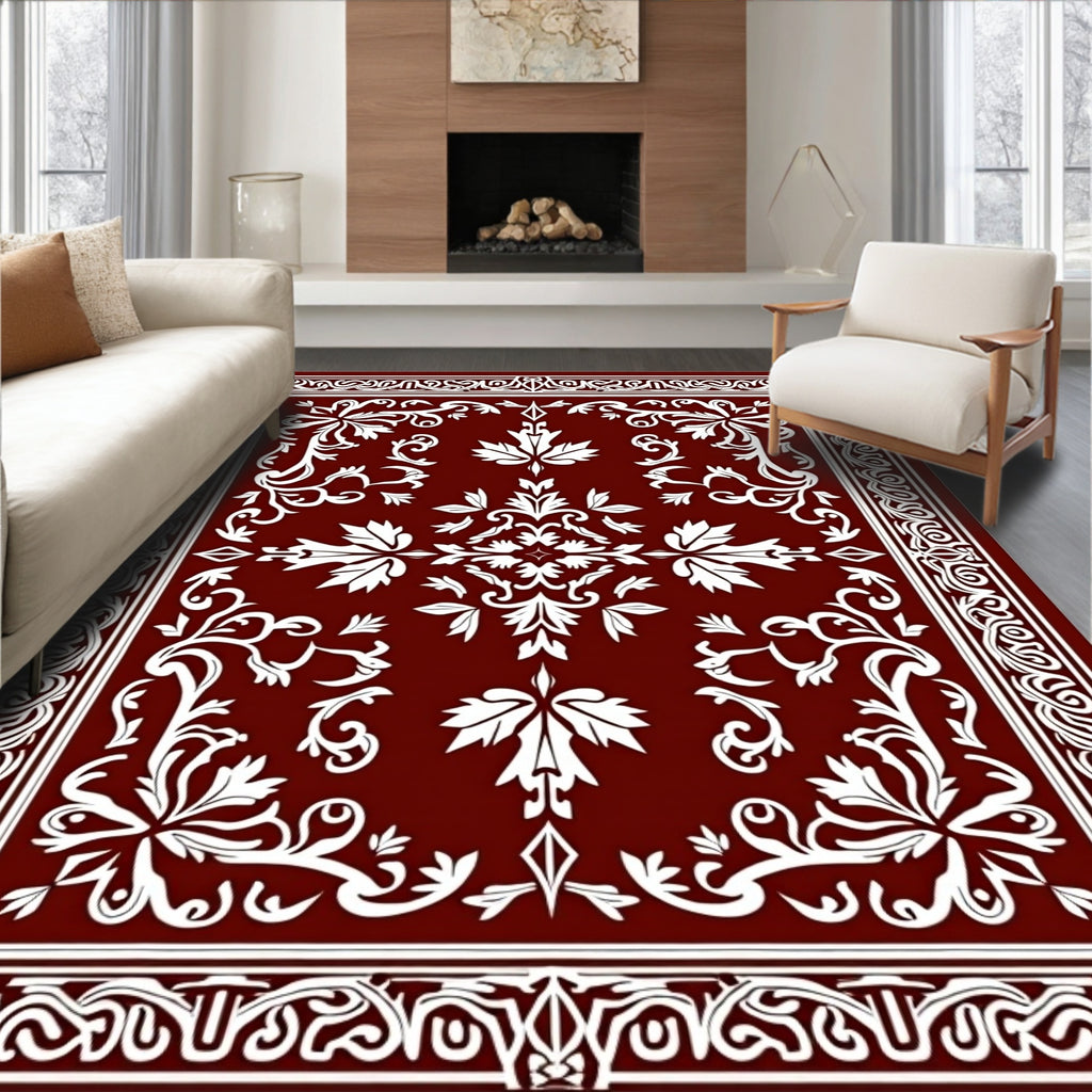 Rich Burgundy White Scroll Leaf Rug