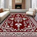Rich Burgundy White Scroll Leaf Rug