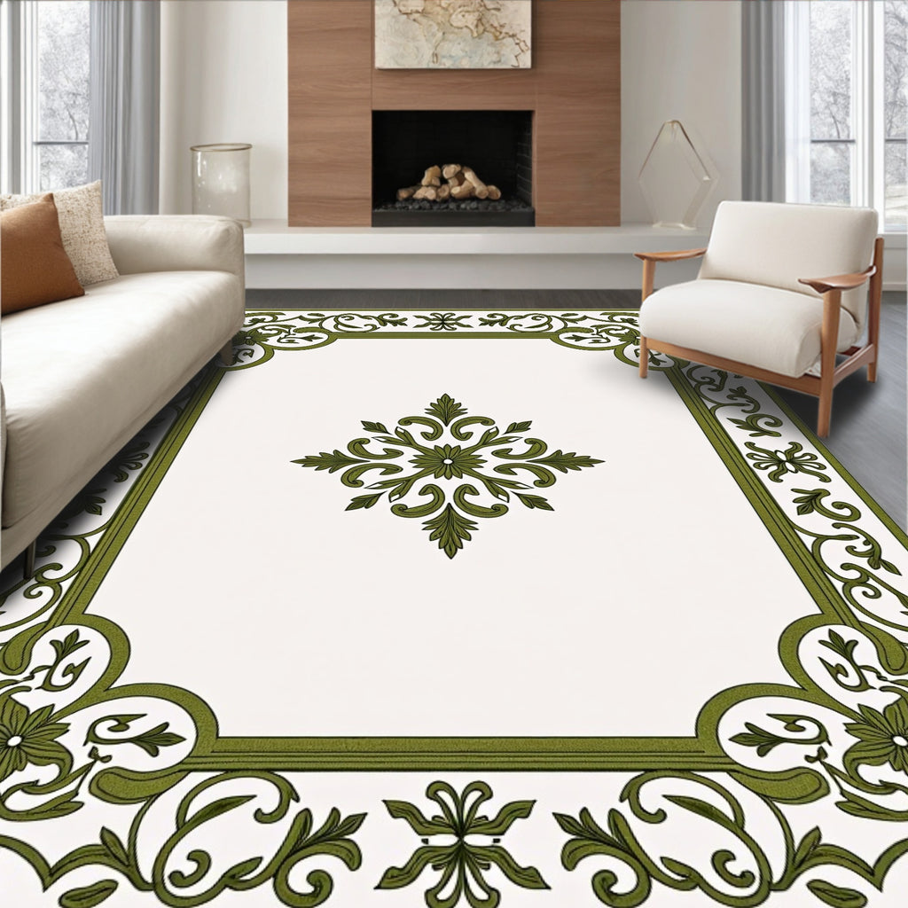 Green Floral Medallion Border Accents Rug