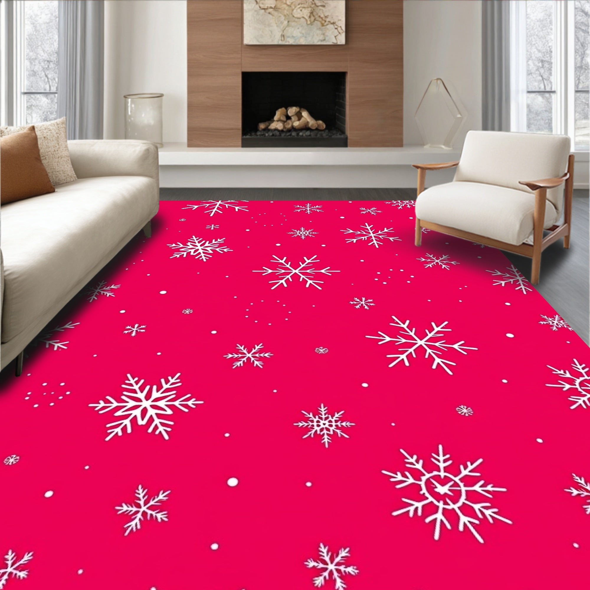 Crimson White Snowflakes Falling Fabric Rug