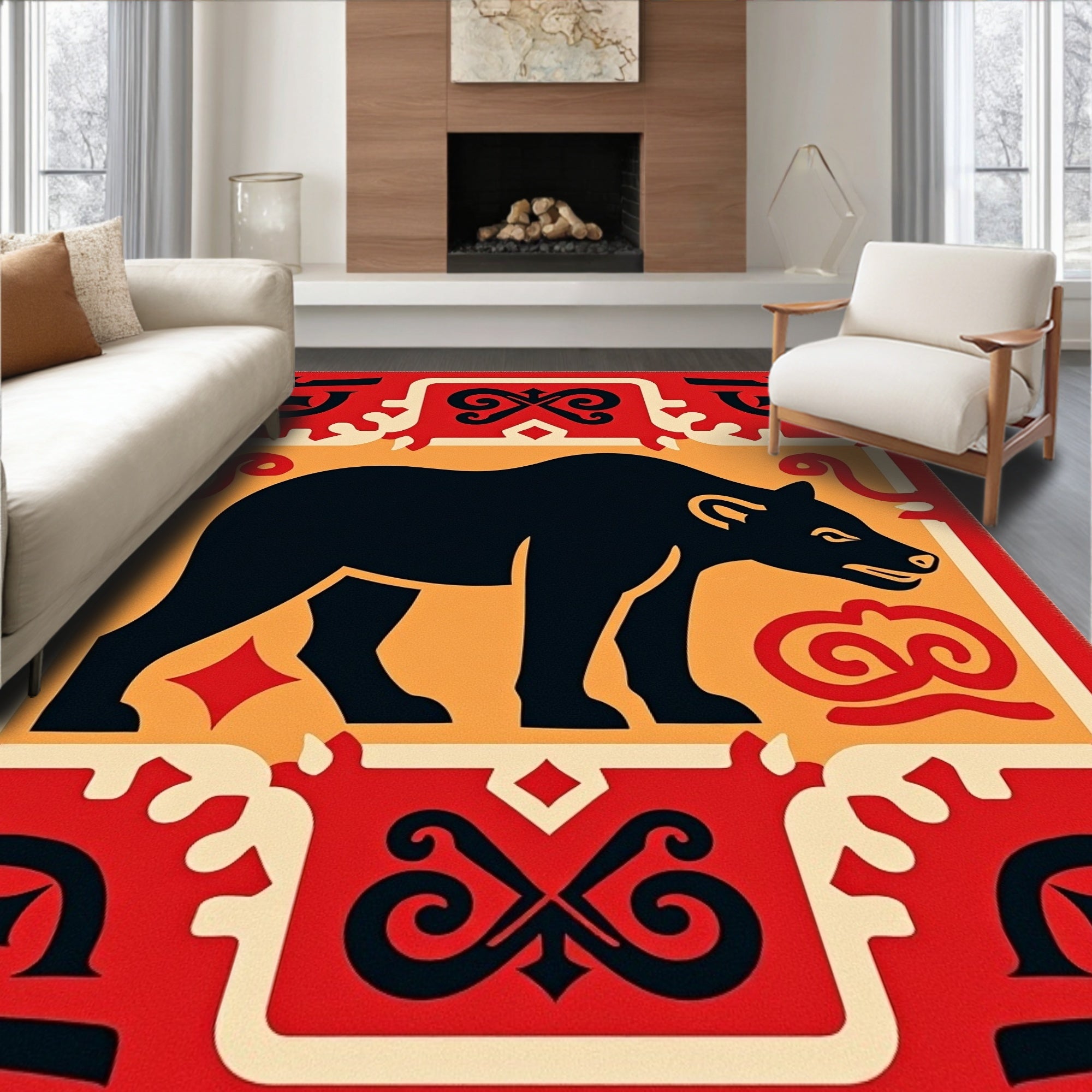 Bold Black Bear In Red Border Rug