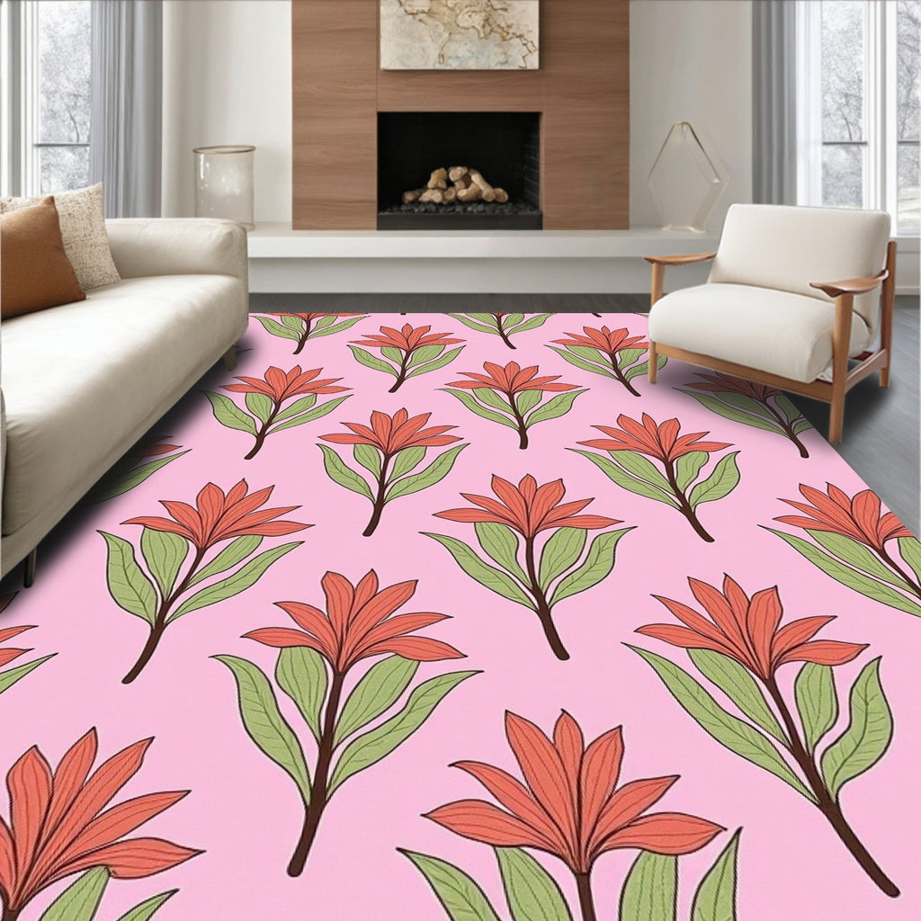 Coral Floral Branches Pink Background Rug