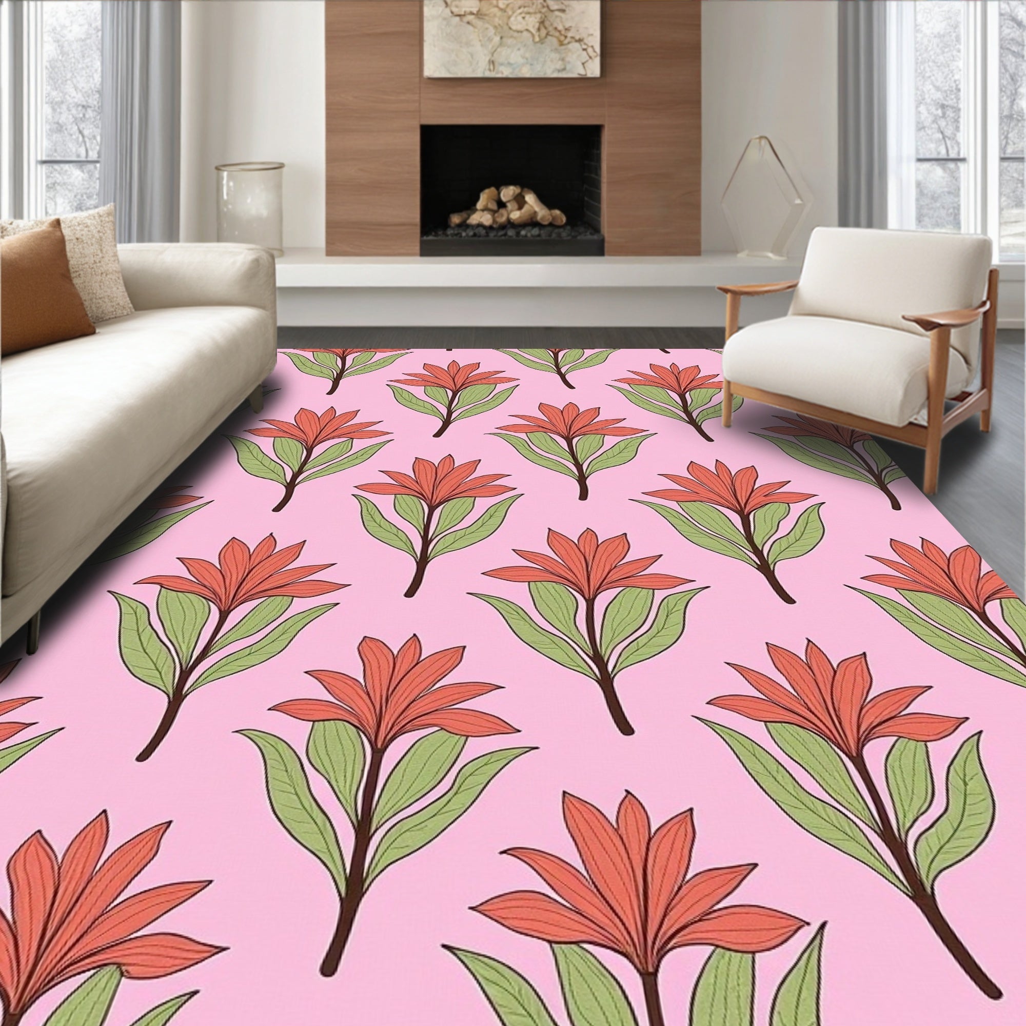Coral Floral Branches Pink Background Rug