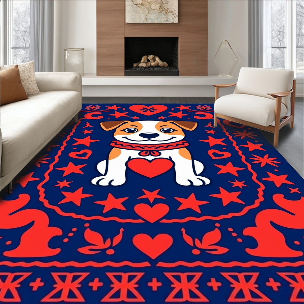Cute Dog Hearts Stars Blue Rug